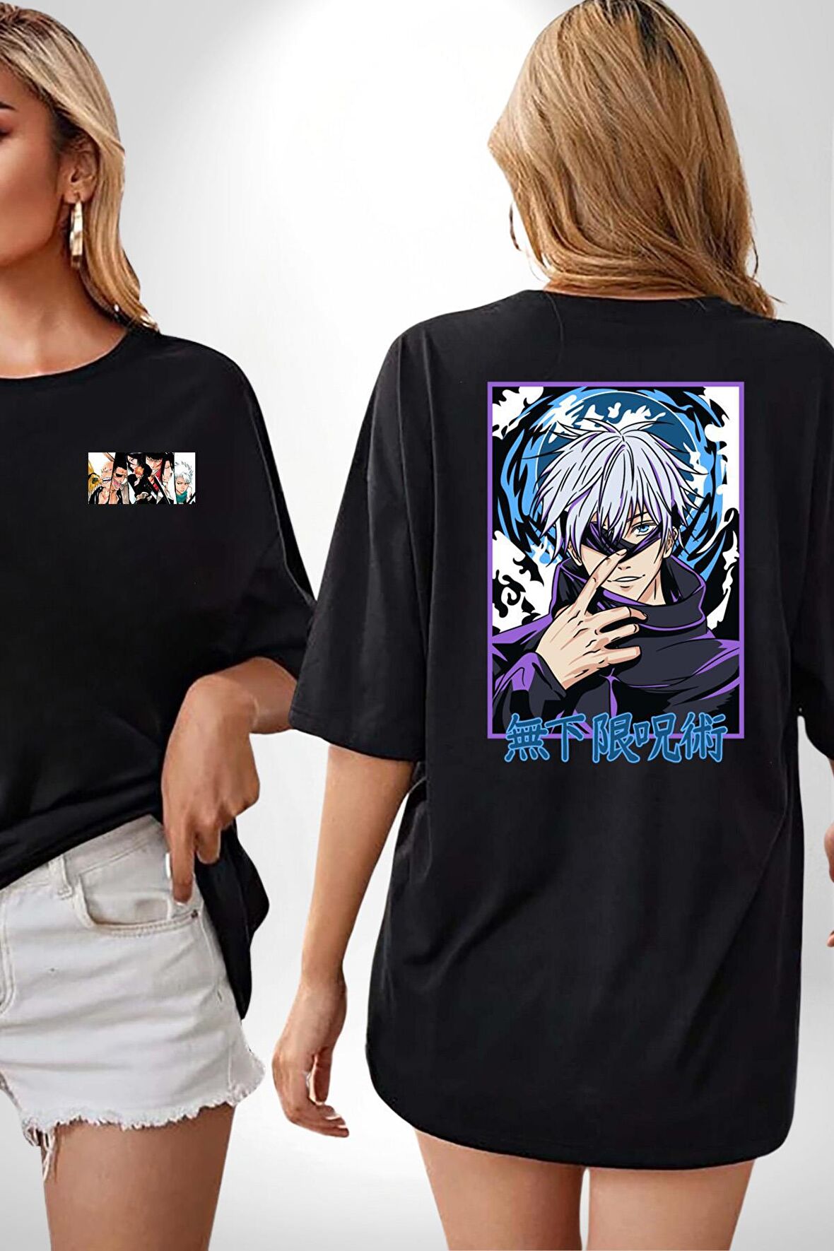 Jujutsu Vintage Washed - Megumi Gojo Anime Manga Siyah Oversize Kadın Erkek Ön ve Sırt Baskılı Tişört