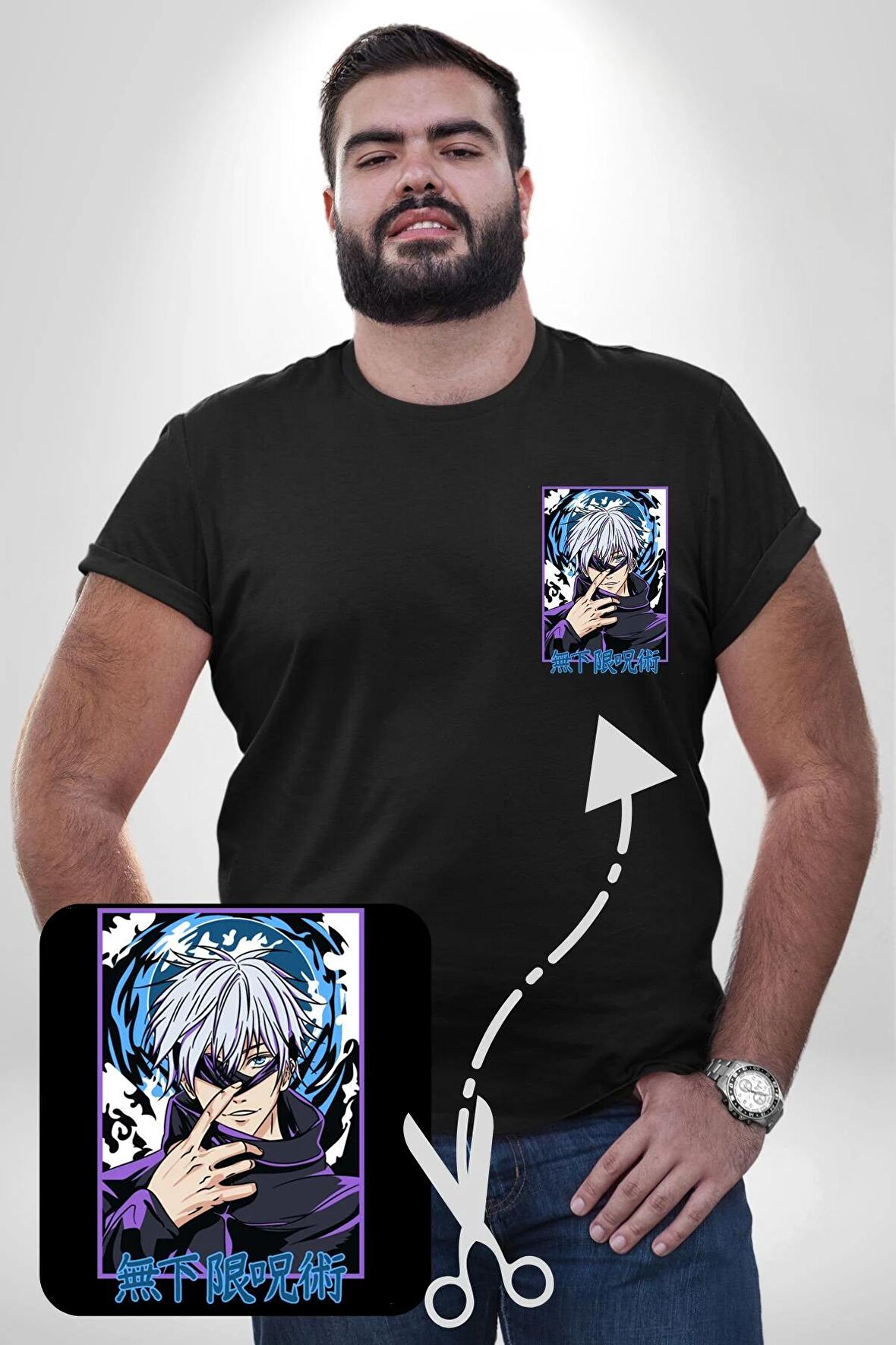 Jujutsu Vintage Washed - Megumi Gojo Anime Manga Siyah Büyük Beden Kadın Basic Minimal Baskılı Tişört