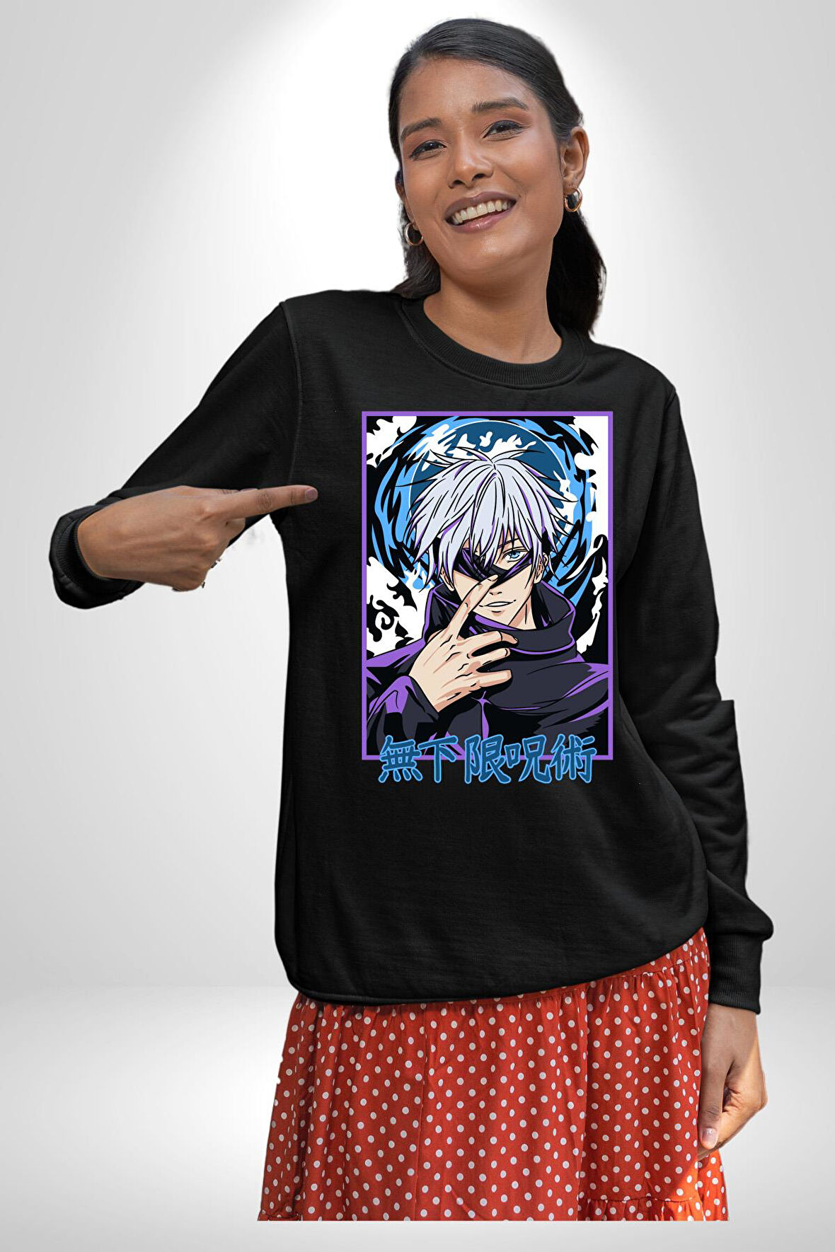 Jujutsu Vintage Washed - Megumi Gojo Anime Manga Kadın Erkek Siyah Sweatshirt 