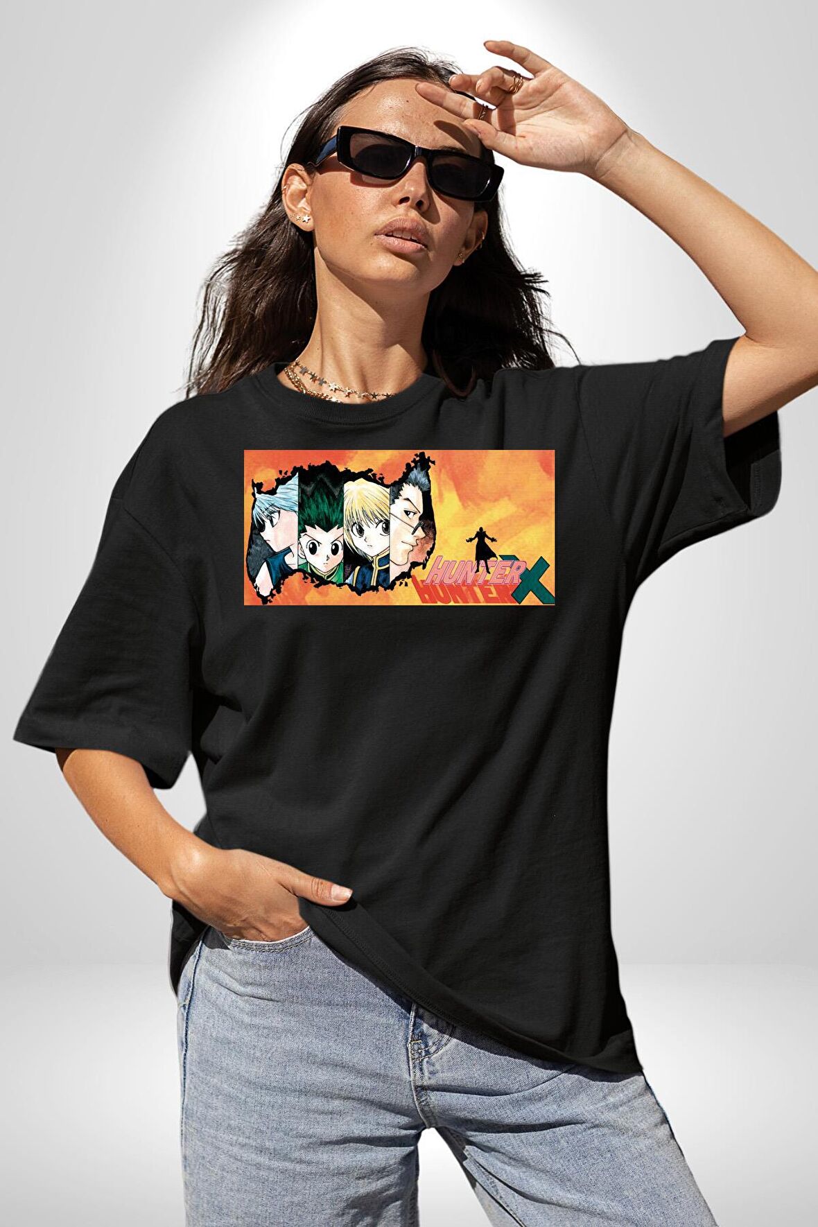 Hunter X Hunter Anime  Pamuklu Bisiklet Yaka Kadın Erkek Oversize Boyfriend Dijital Baskılı Siyah T-shirt