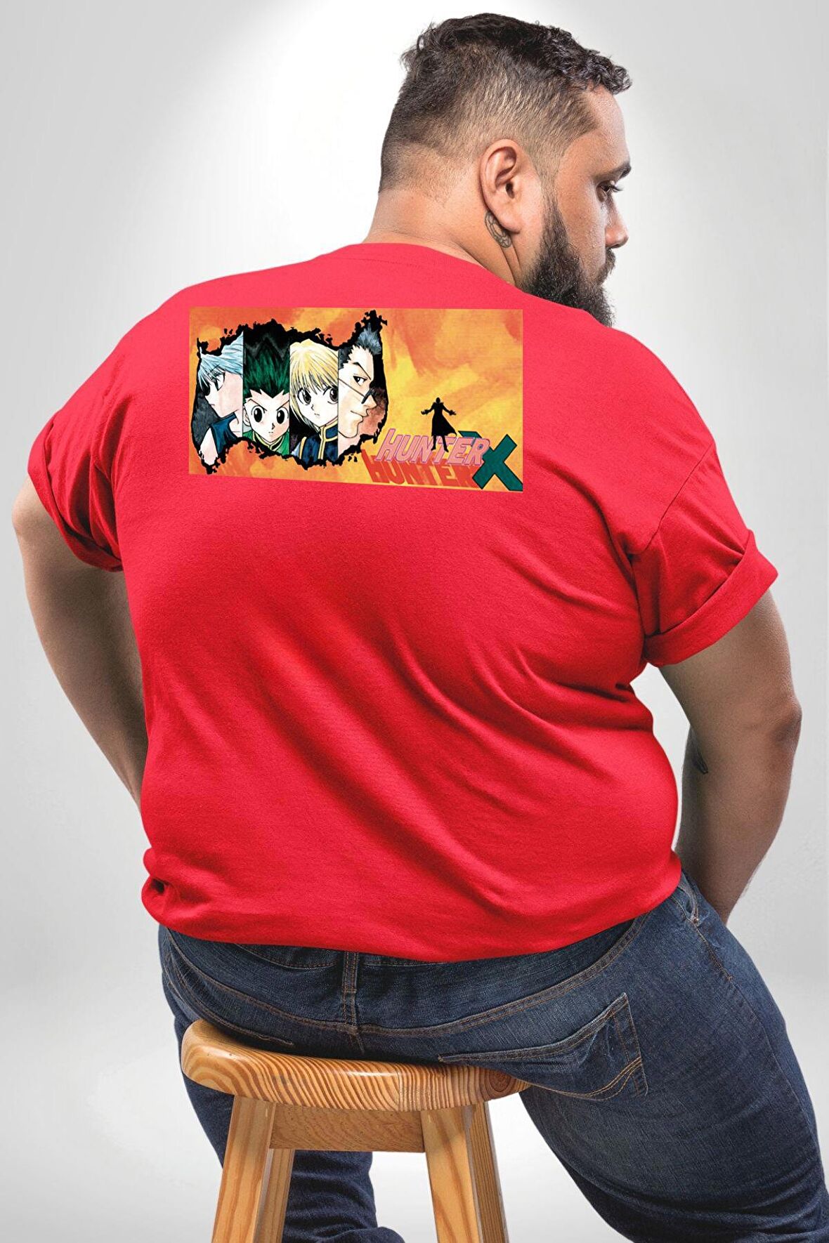 Hunter X Hunter Anime  Büyük Beden Kırmızı Tişört Kadın Erkek Ünisex Sırt Baskılı