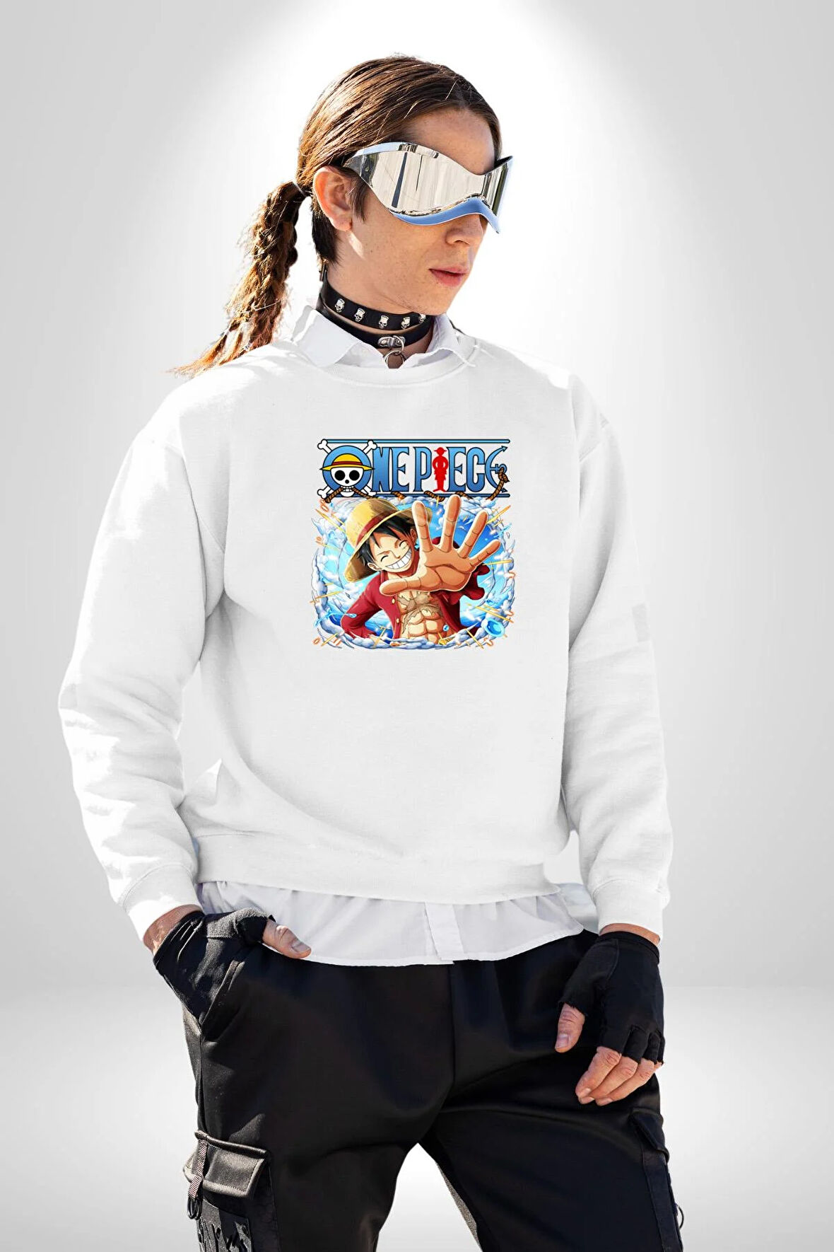 OP Manga Anime Monkey D.Luffy Kadın Erkek Beyaz Sweatshirt 