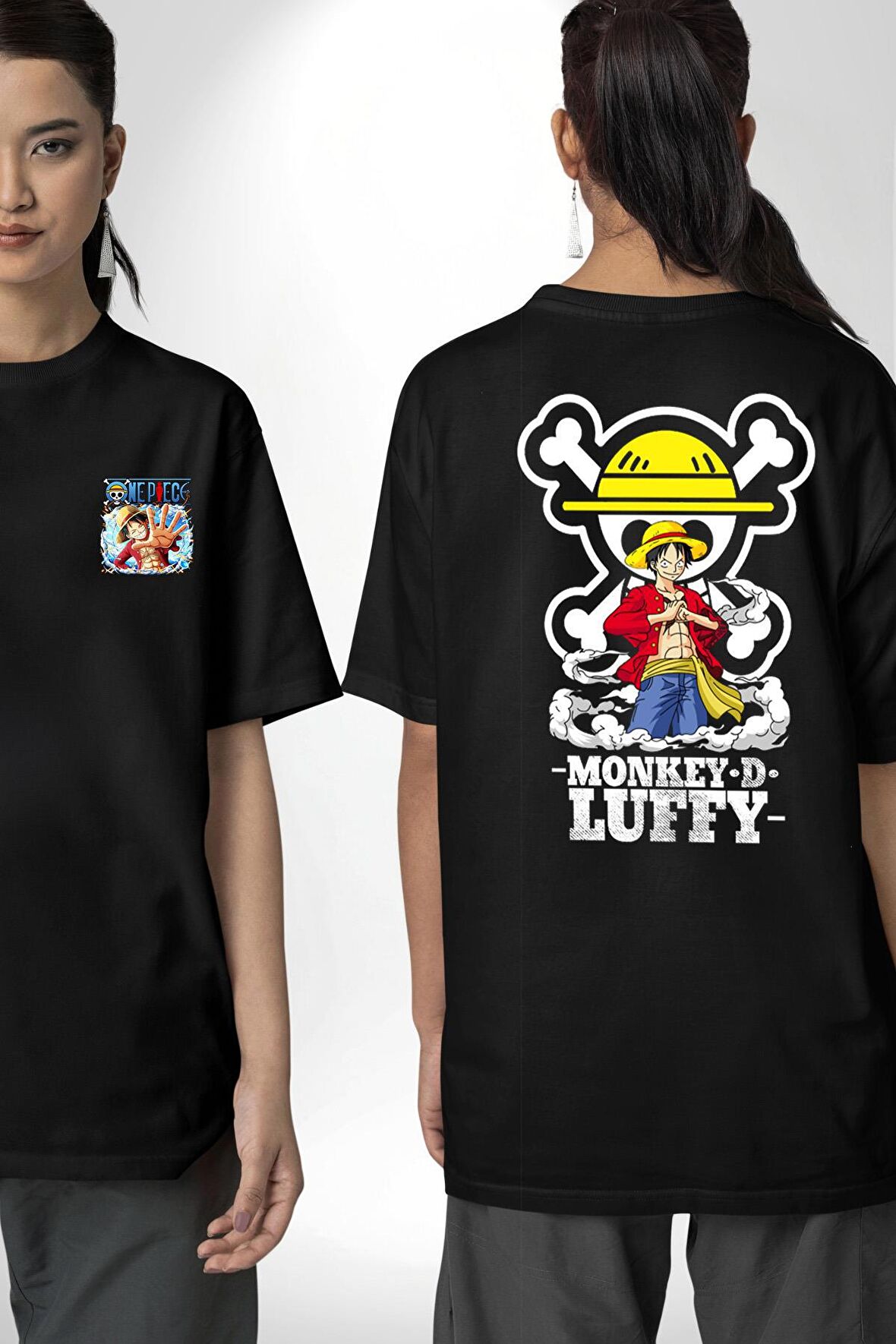 Monkey D. Luffy Japon Anime Siyah Oversize Kadın Erkek Ön ve Sırt Baskılı Tişört
