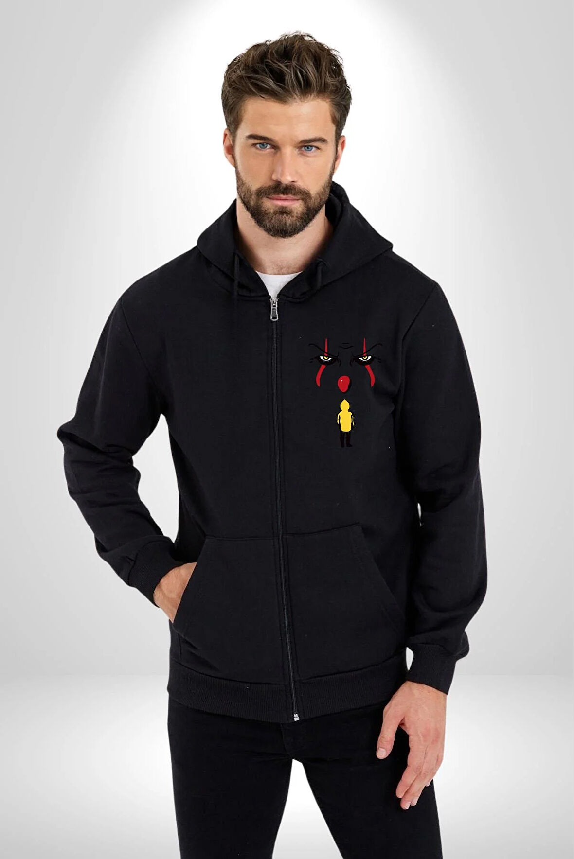 Pennywise Vs Georgie Korku Filmi Kadın Erkek Siyah Kapüşonlu Fermuarlı Baskılı Hırka Sweatshirt