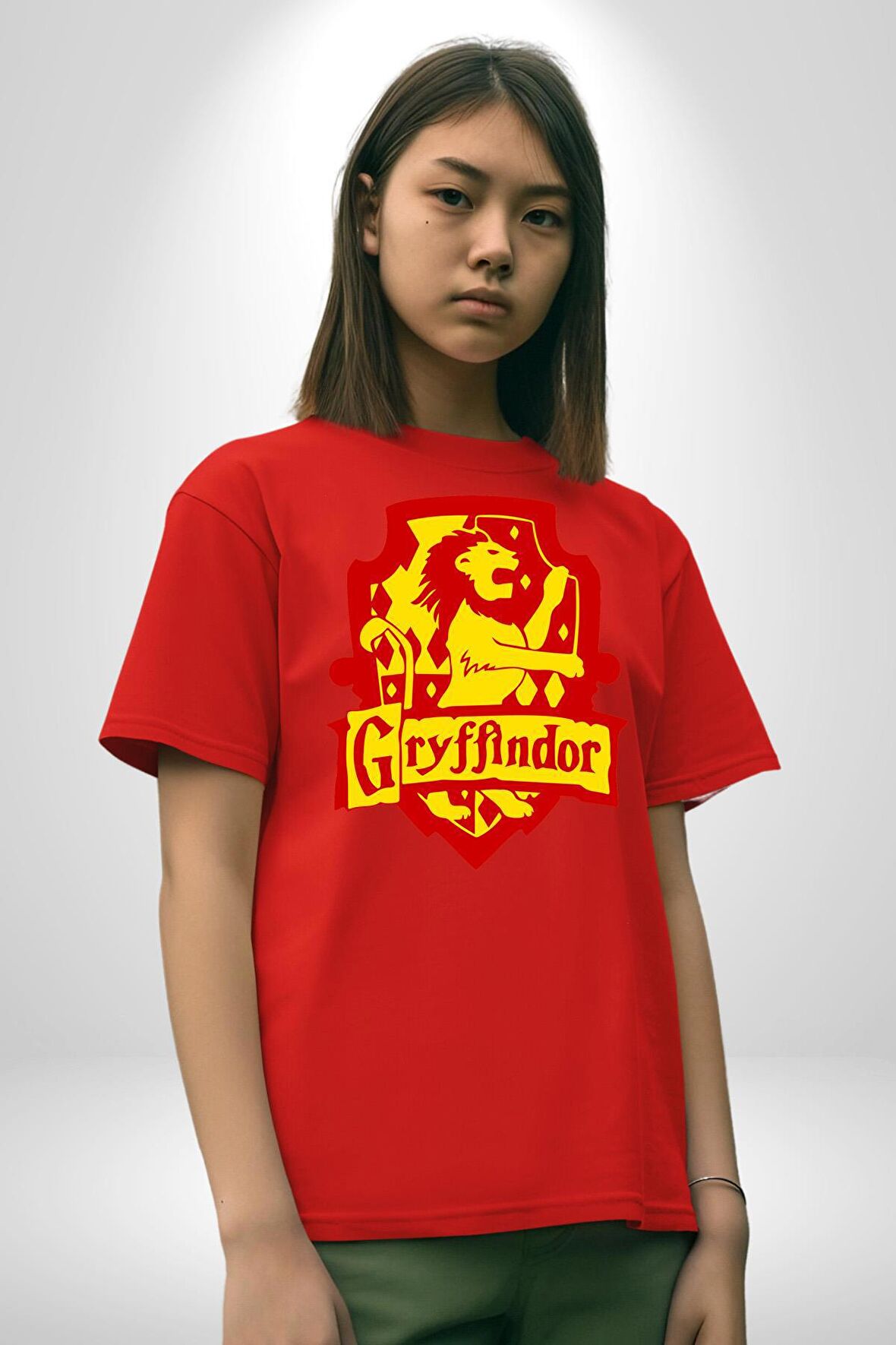 Gryffindor Pamuklu Bisiklet Yaka Kadın Erkek Oversize Boyfriend Dijital Baskılı Kırmızı T-shirt