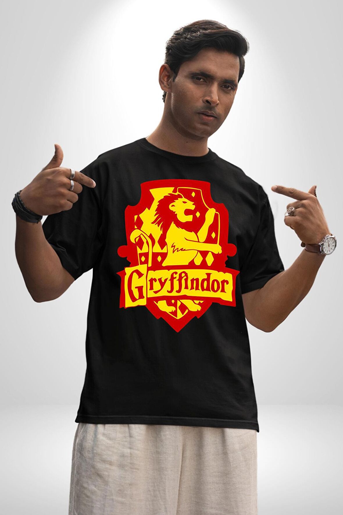 Gryffindor Pamuklu Bisiklet Yaka Kadın Erkek Oversize Boyfriend Dijital Baskılı Siyah T-shirt