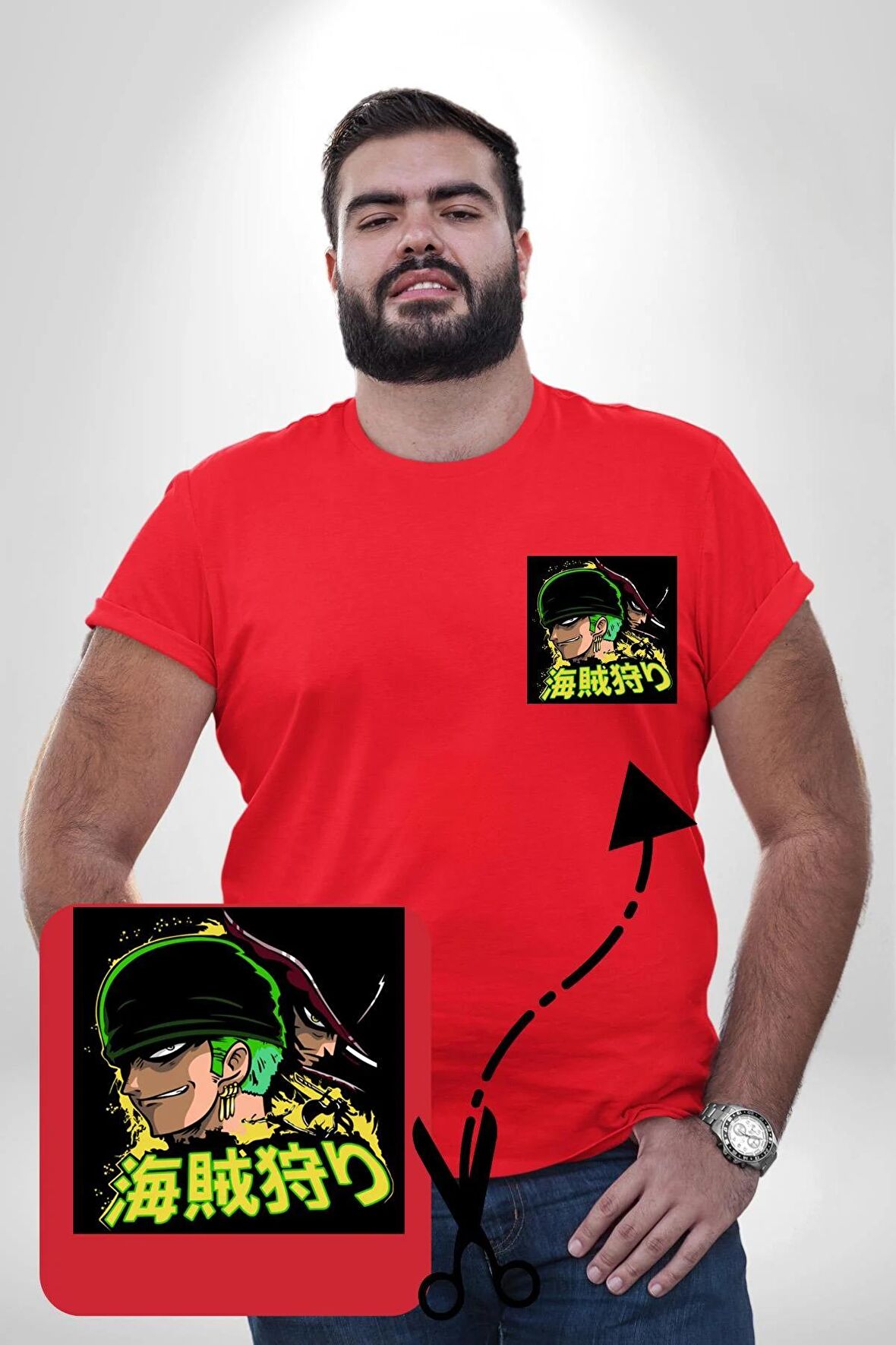 Dark Zoro Anime Kırmızı Büyük Beden Kadın Basic Minimal Baskılı Tişört
