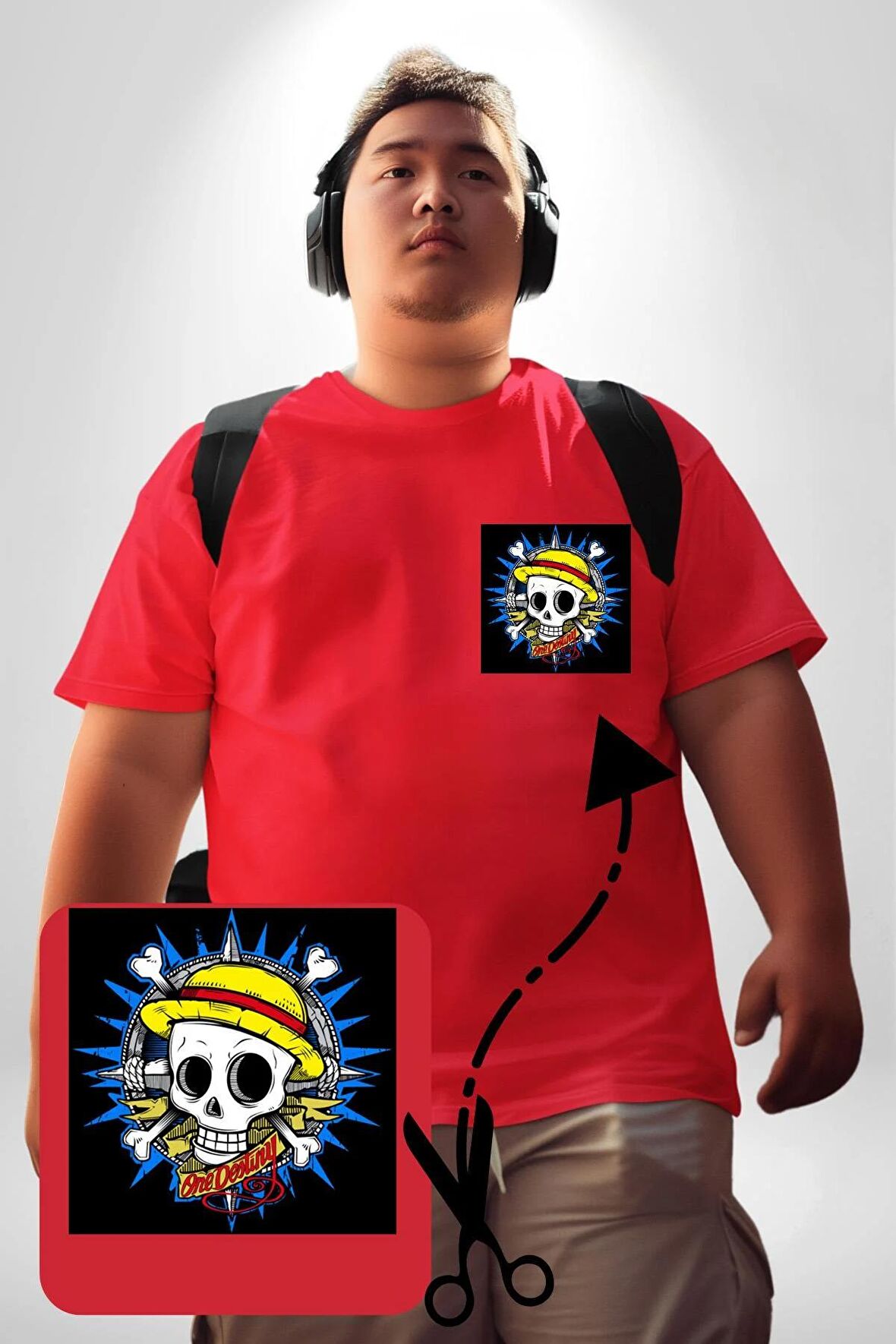 One Piece Luffy Anime Kırmızı Büyük Beden Kadın Basic Minimal Baskılı Tişört