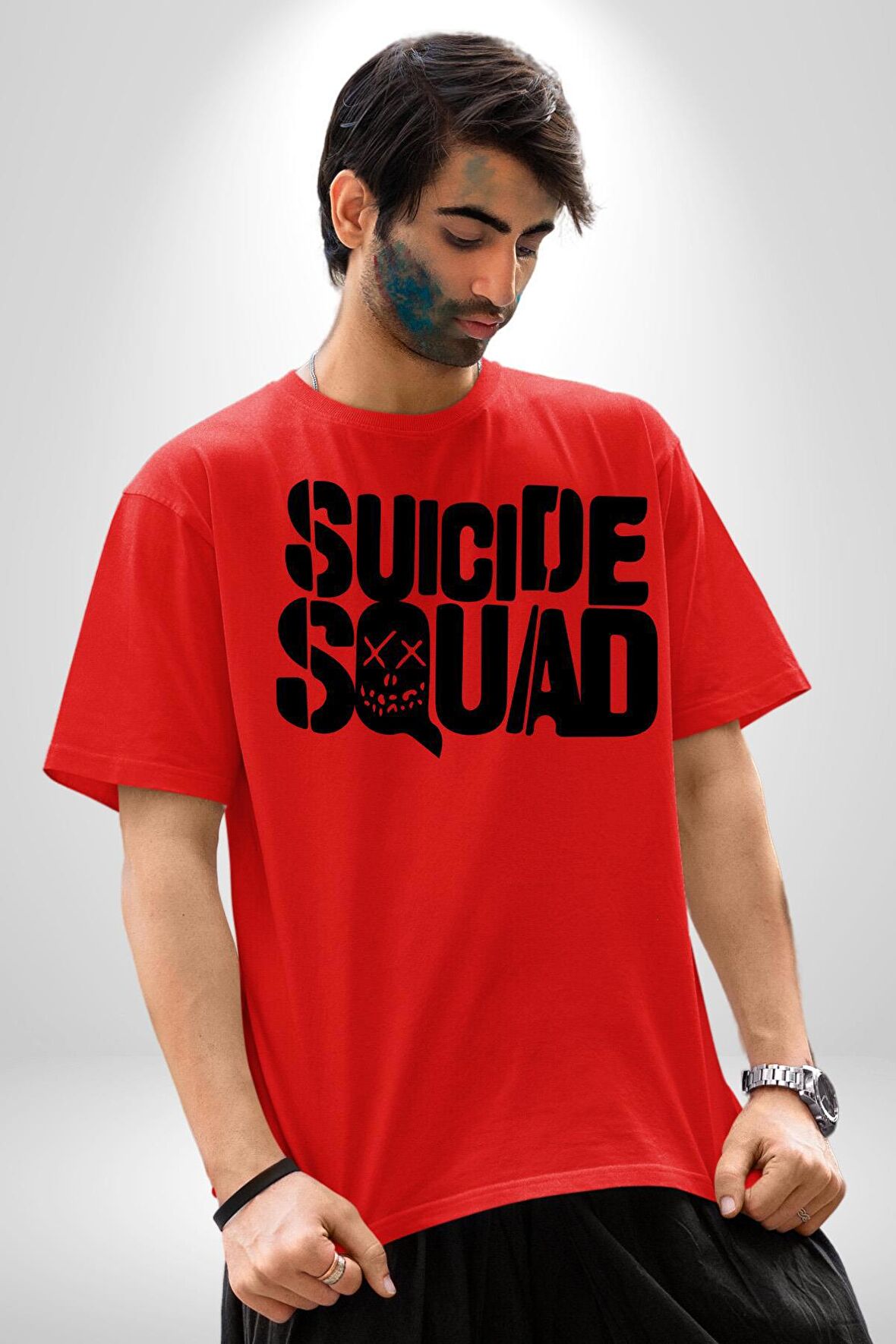 Suicide Squad  Pamuklu Bisiklet Yaka Kadın Erkek Oversize Boyfriend Dijital Baskılı Kırmızı T-shirt