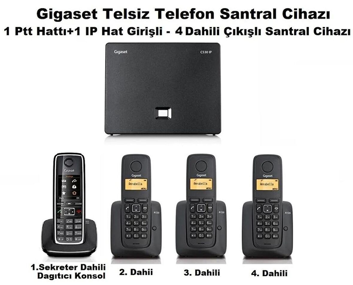 Gigaset C530 IP 4 Dahili Dect Telsiz Kablosuz Telefon Santrali