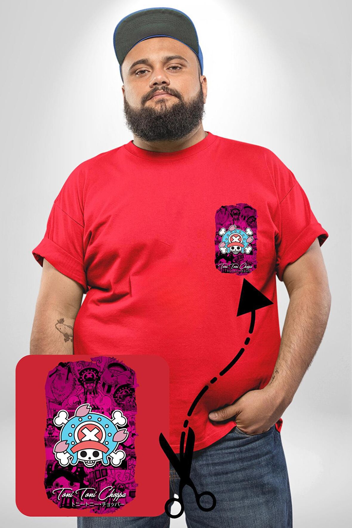 Toni Toni Chopper One Piece Anime Kırmızı Büyük Beden Kadın Basic Minimal Baskılı Tişört
