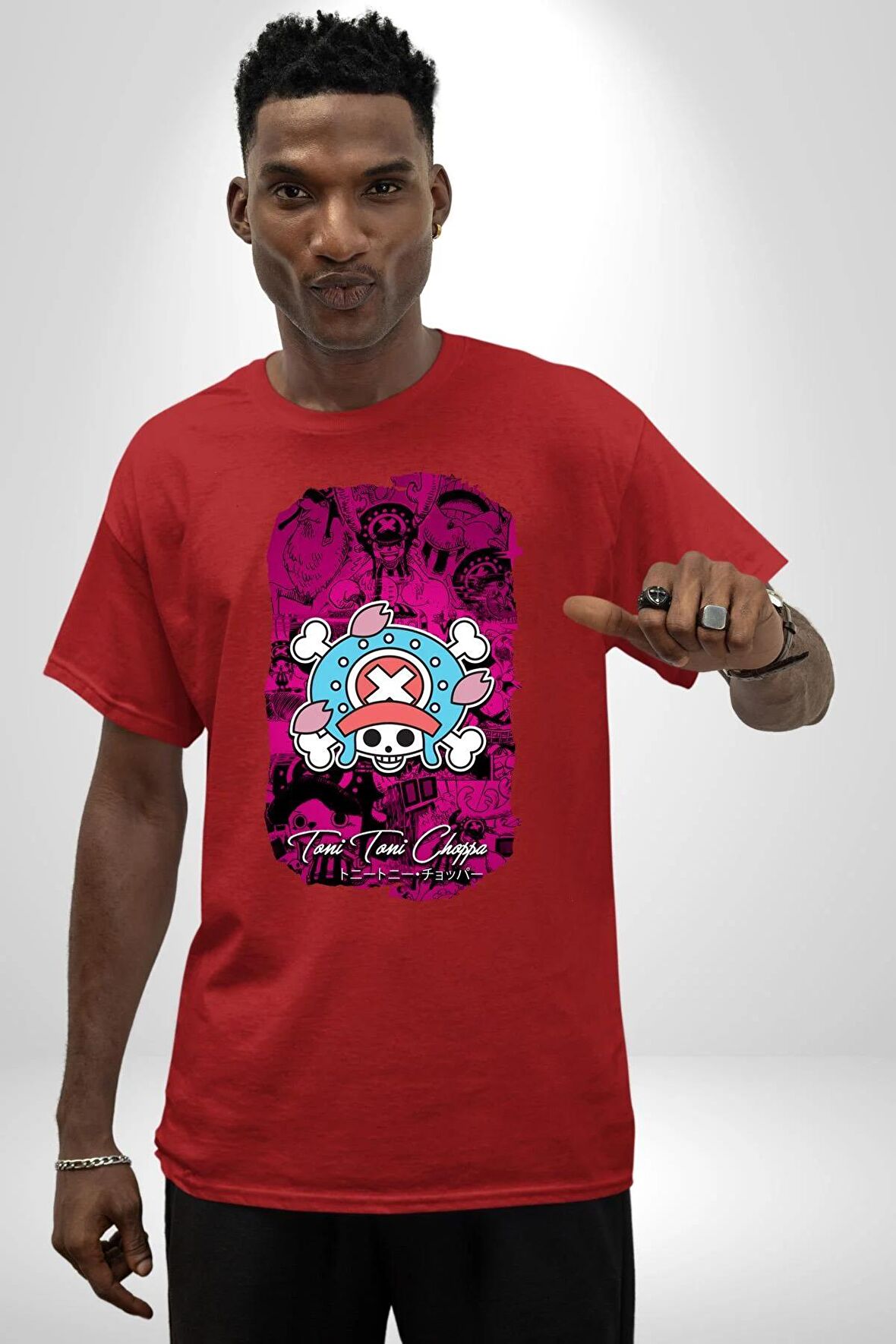 Toni Toni Chopper One Piece Anime Pamuklu Bisiklet Yaka Kadın Erkek Oversize Boyfriend Dijital Baskılı Kırmızı T-shirt