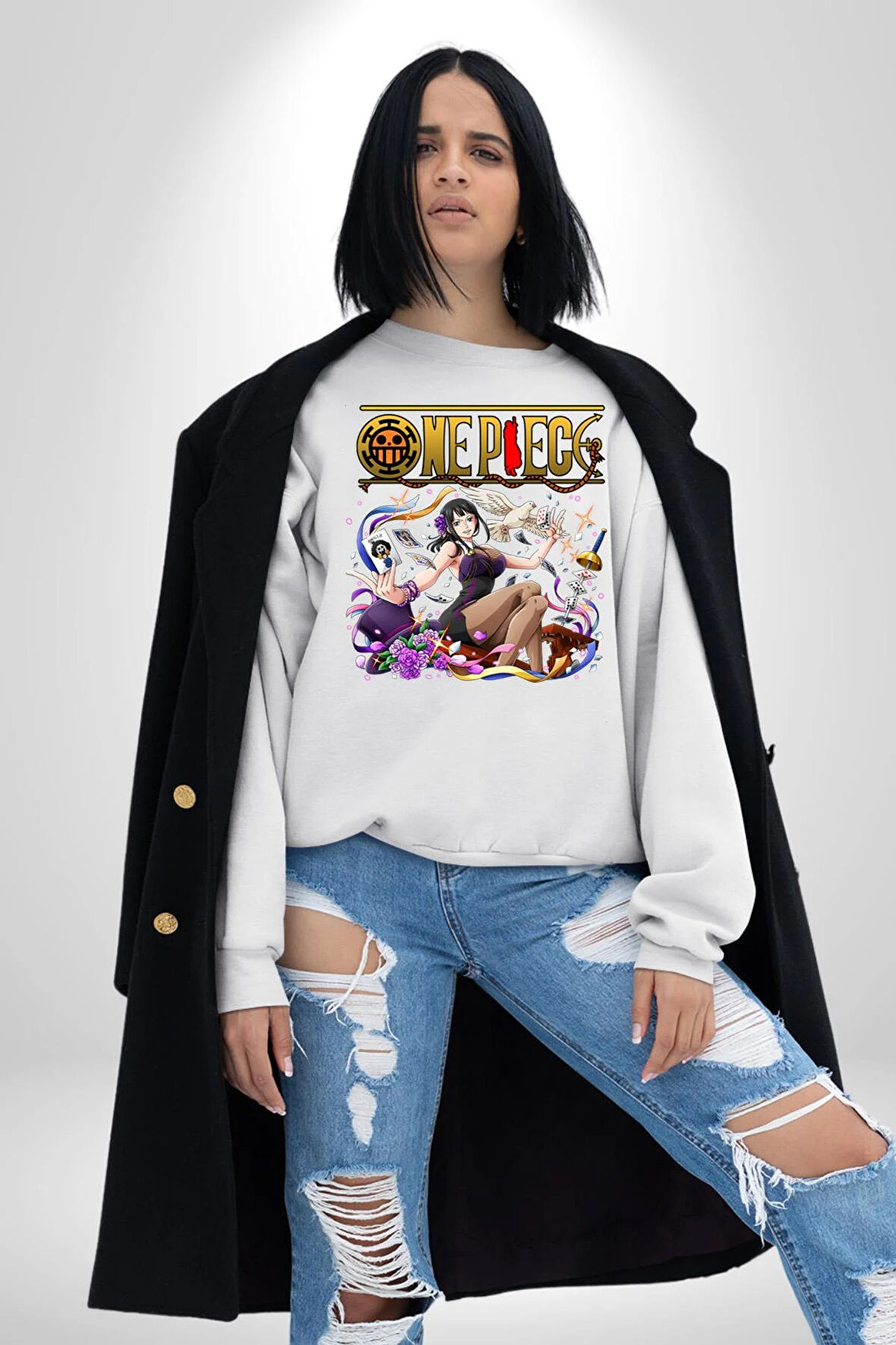 One Piece Nico Robin Kadın Erkek Beyaz Sweatshirt 