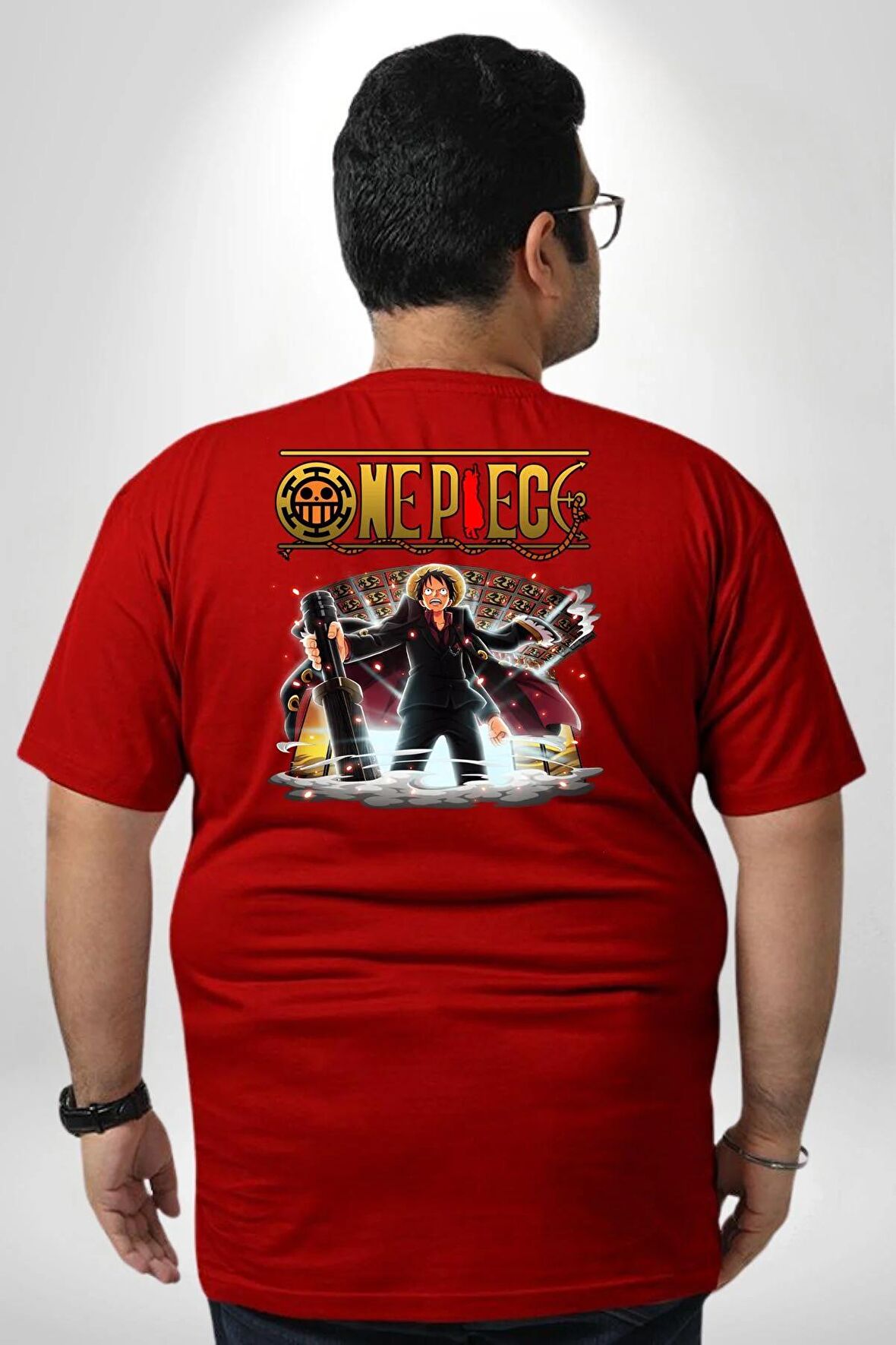 One Piece Luffy İle Suit Anime Büyük Beden Kırmızı Tişört Kadın Erkek Ünisex Sırt Baskılı