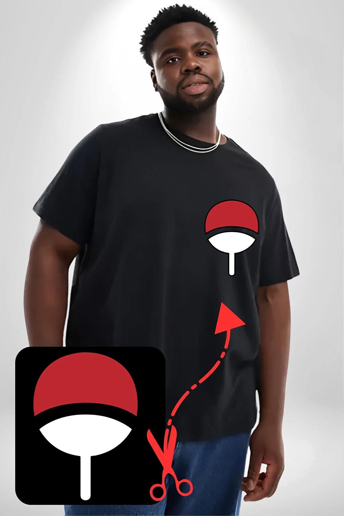 Sasuke Uchiha Sembolü Anime Siyah Büyük Beden Kadın Basic Minimal Baskılı Tişört