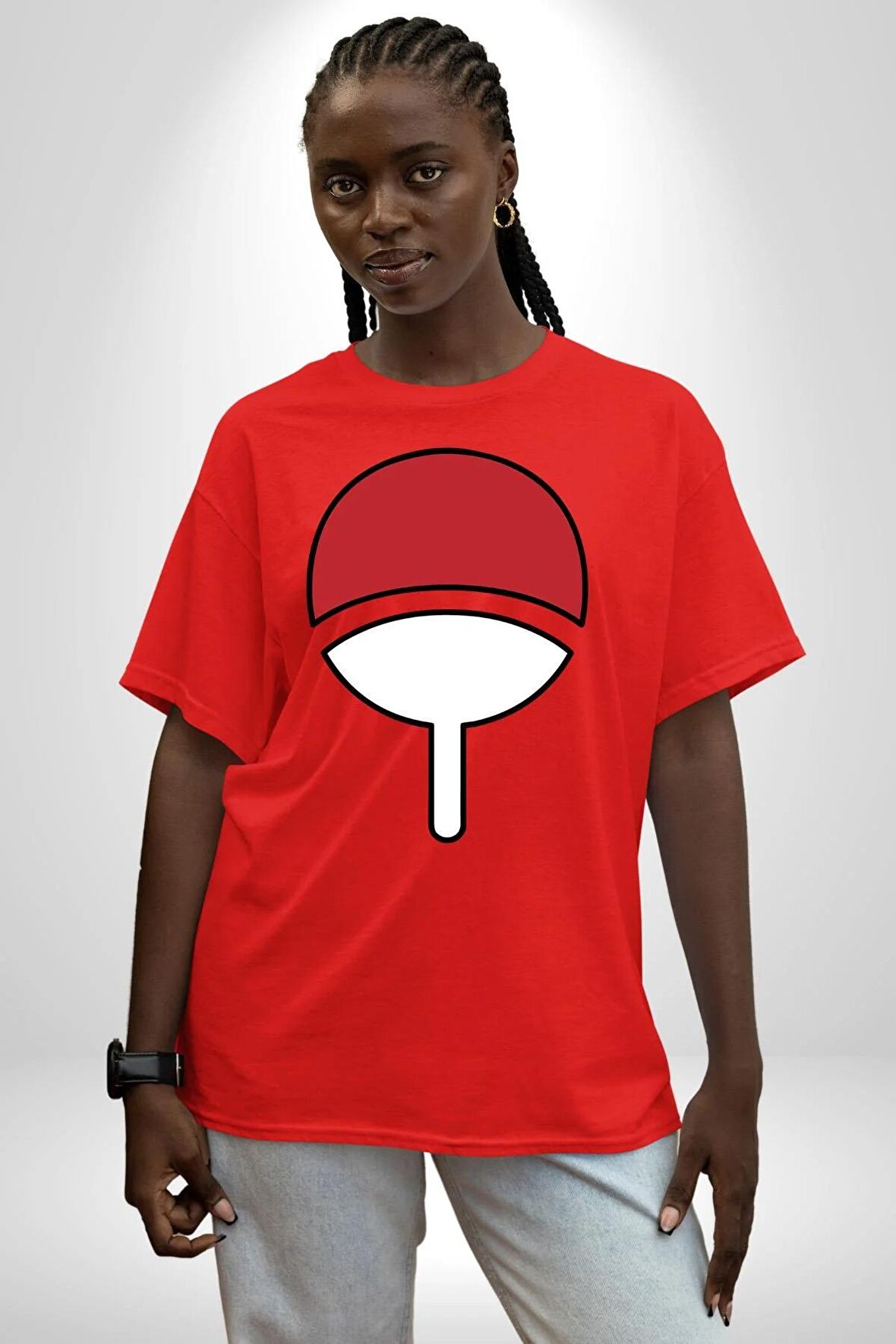 Sasuke Uchiha Sembolü Anime Pamuklu Bisiklet Yaka Kadın Erkek Oversize Boyfriend Dijital Baskılı Kırmızı T-shirt