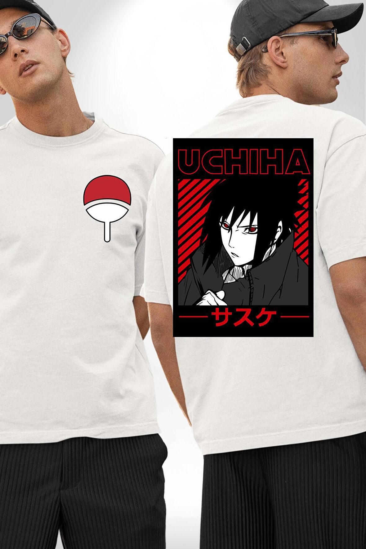 Sasuke Uchiha Sembolü Anime Beyaz Oversize Kadın Erkek Ön ve Sırt Baskılı Tişört