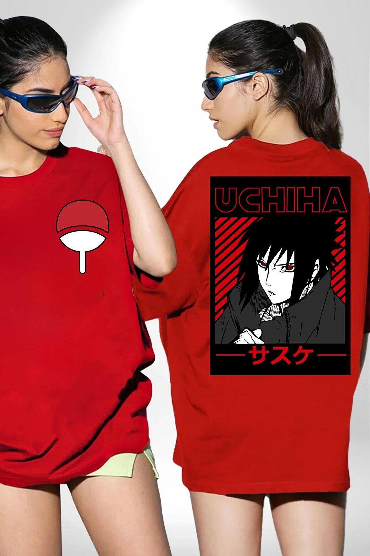 Sasuke Uchiha Sembolü Anime Kırmızı Oversize Kadın Erkek Ön ve Sırt Baskılı Tişört