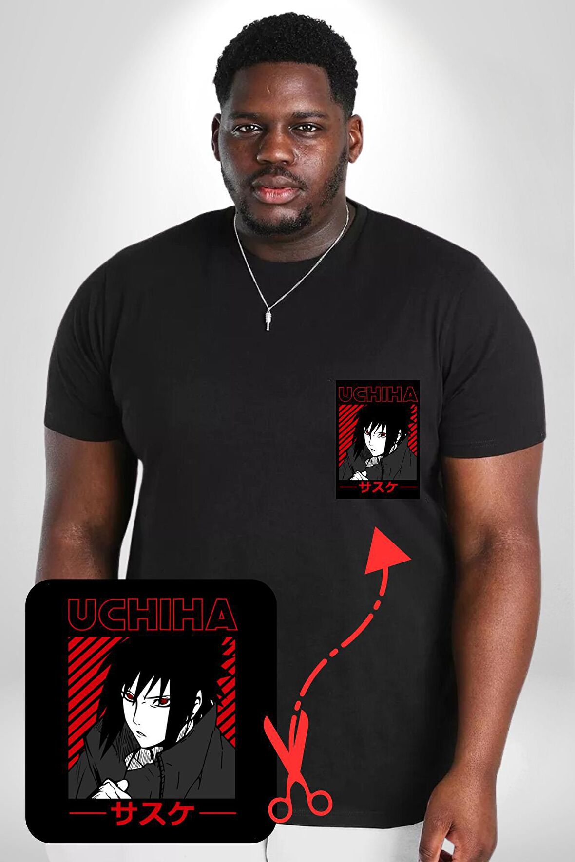 Sasuke Uchiha Sembolü Anime Siyah Büyük Beden Kadın Basic Minimal Baskılı Tişört