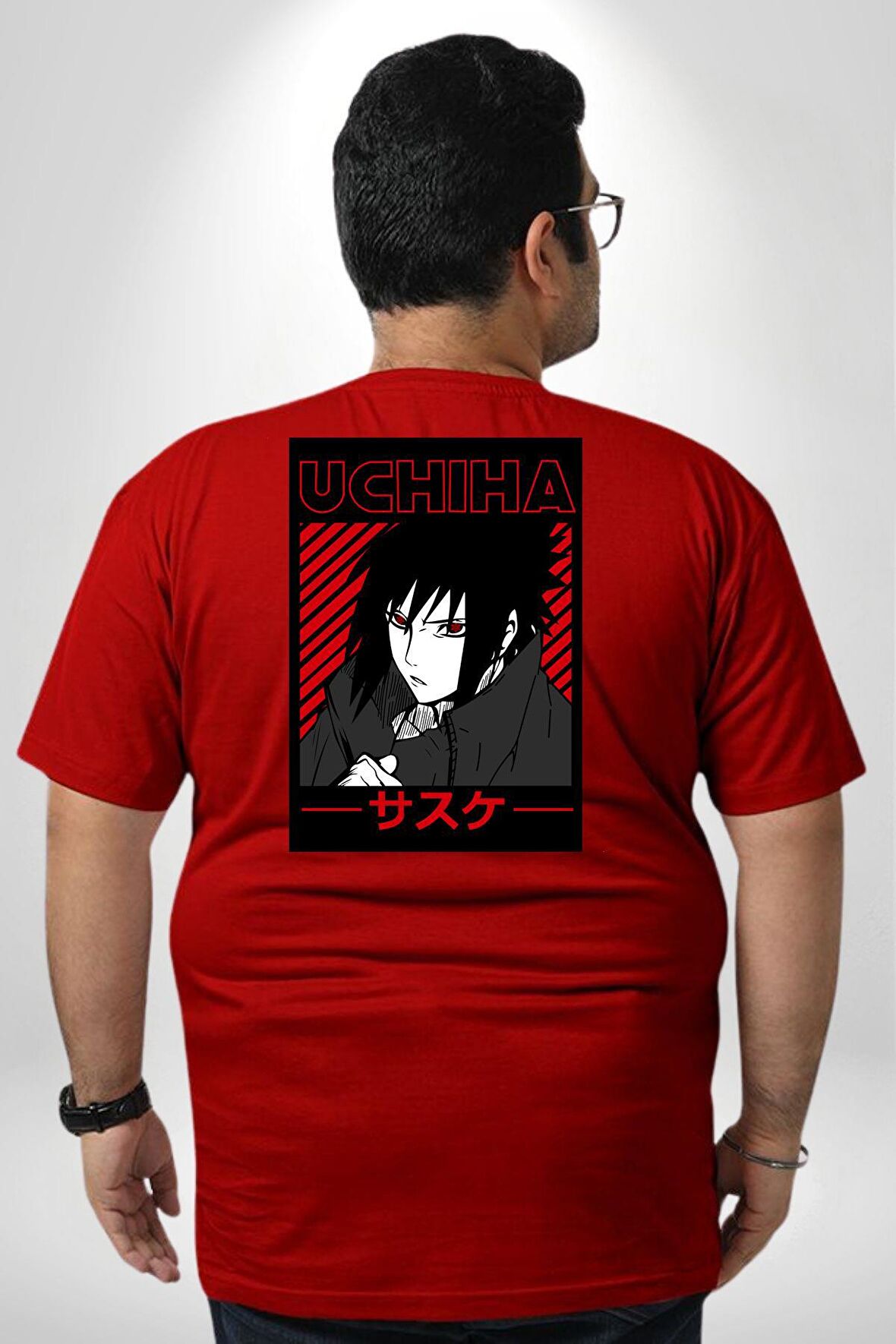 Sasuke Uchiha Sembolü Anime Büyük Beden Kırmızı Tişört Kadın Erkek Ünisex Sırt Baskılı