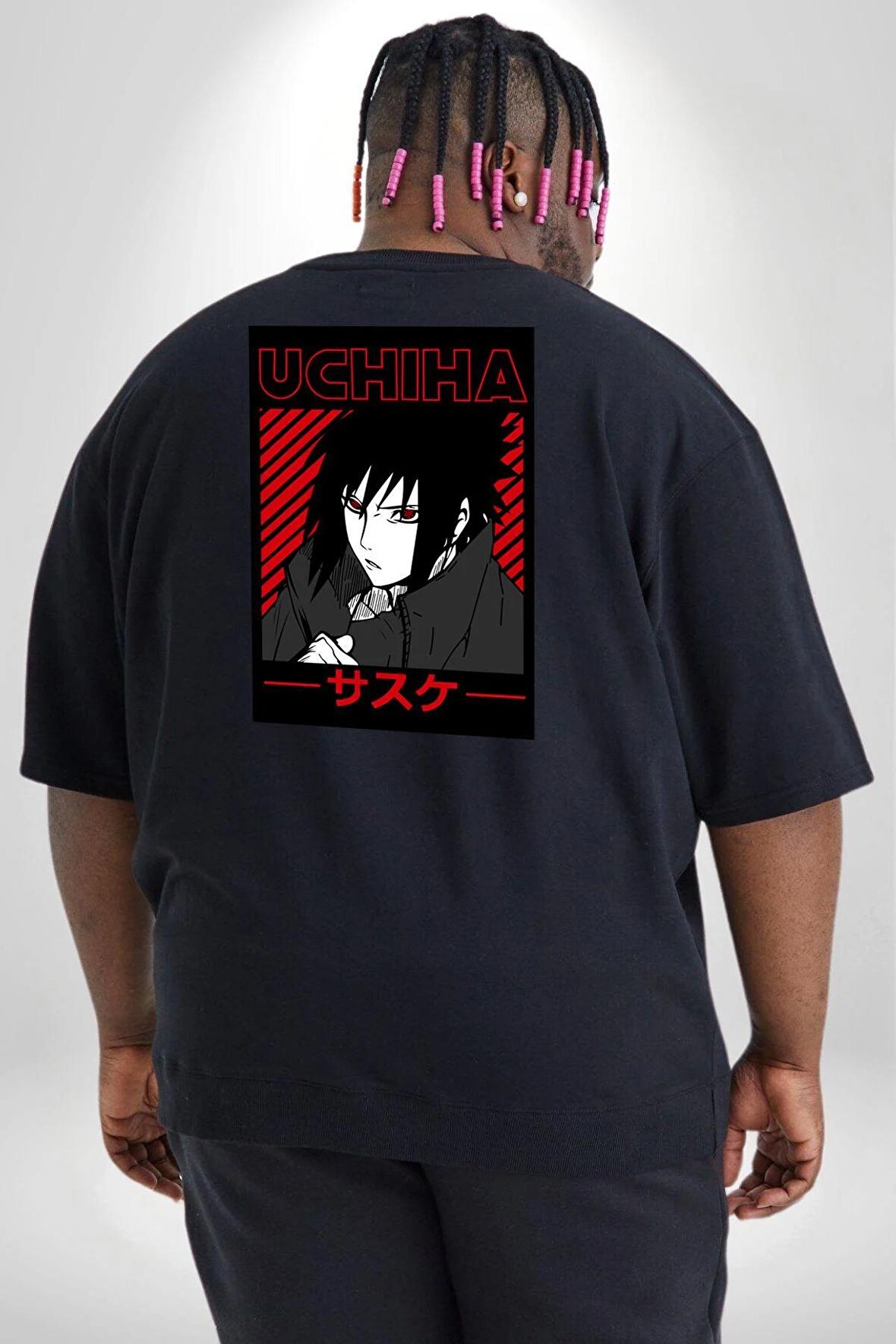Sasuke Uchiha Sembolü Anime Büyük Beden Siyah Tişört Kadın Erkek Ünisex Sırt Baskılı
