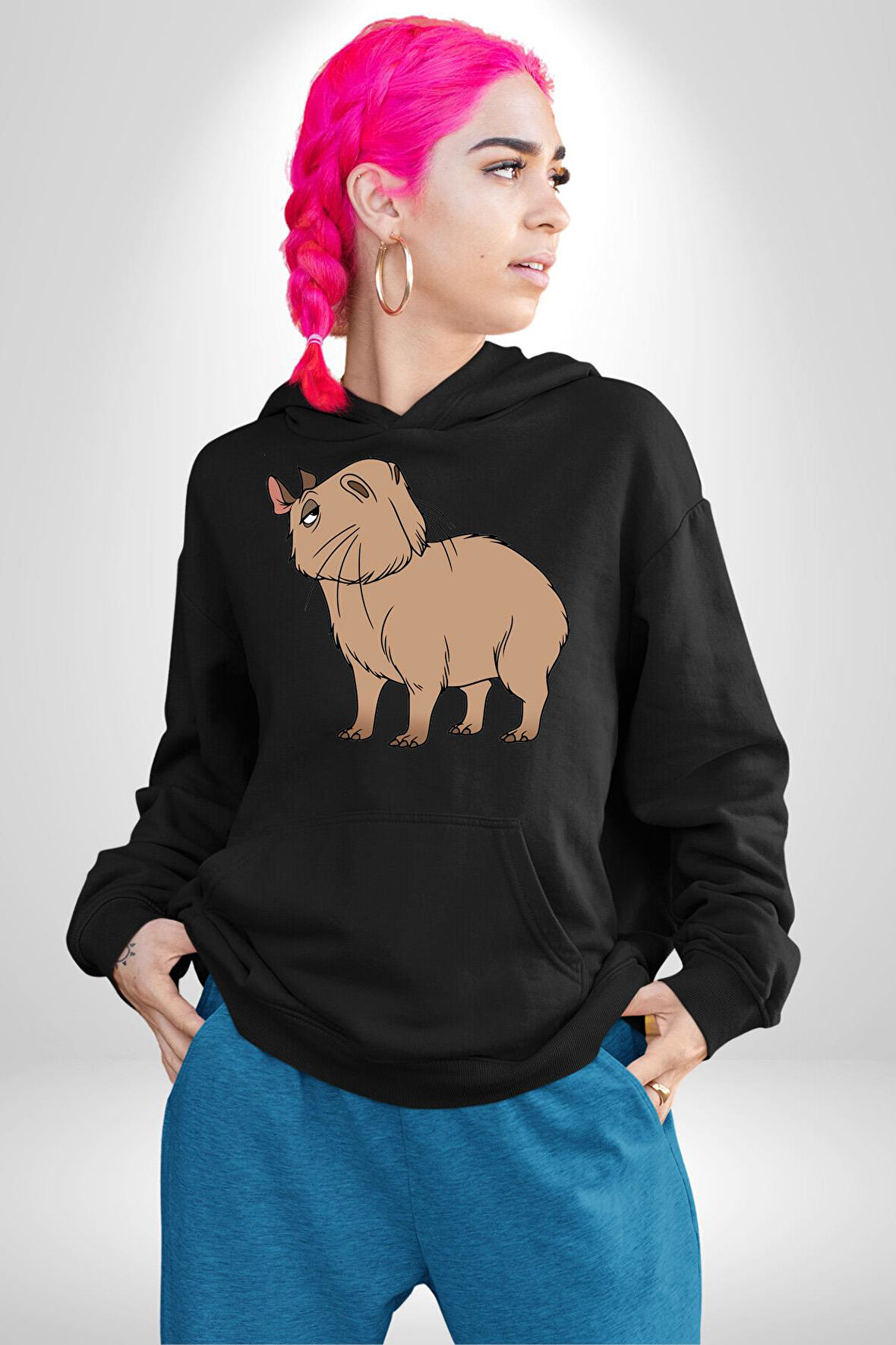 Chispi Kadın Erkek  Siyah Kapüşonlu Sweatshirt Hoodie