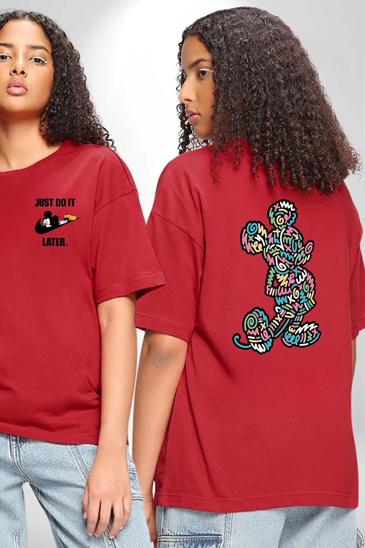 Mickey Yeni Nesil Tasarım Kırmızı Oversize Kadın Erkek Ön ve Sırt Baskılı Tişört