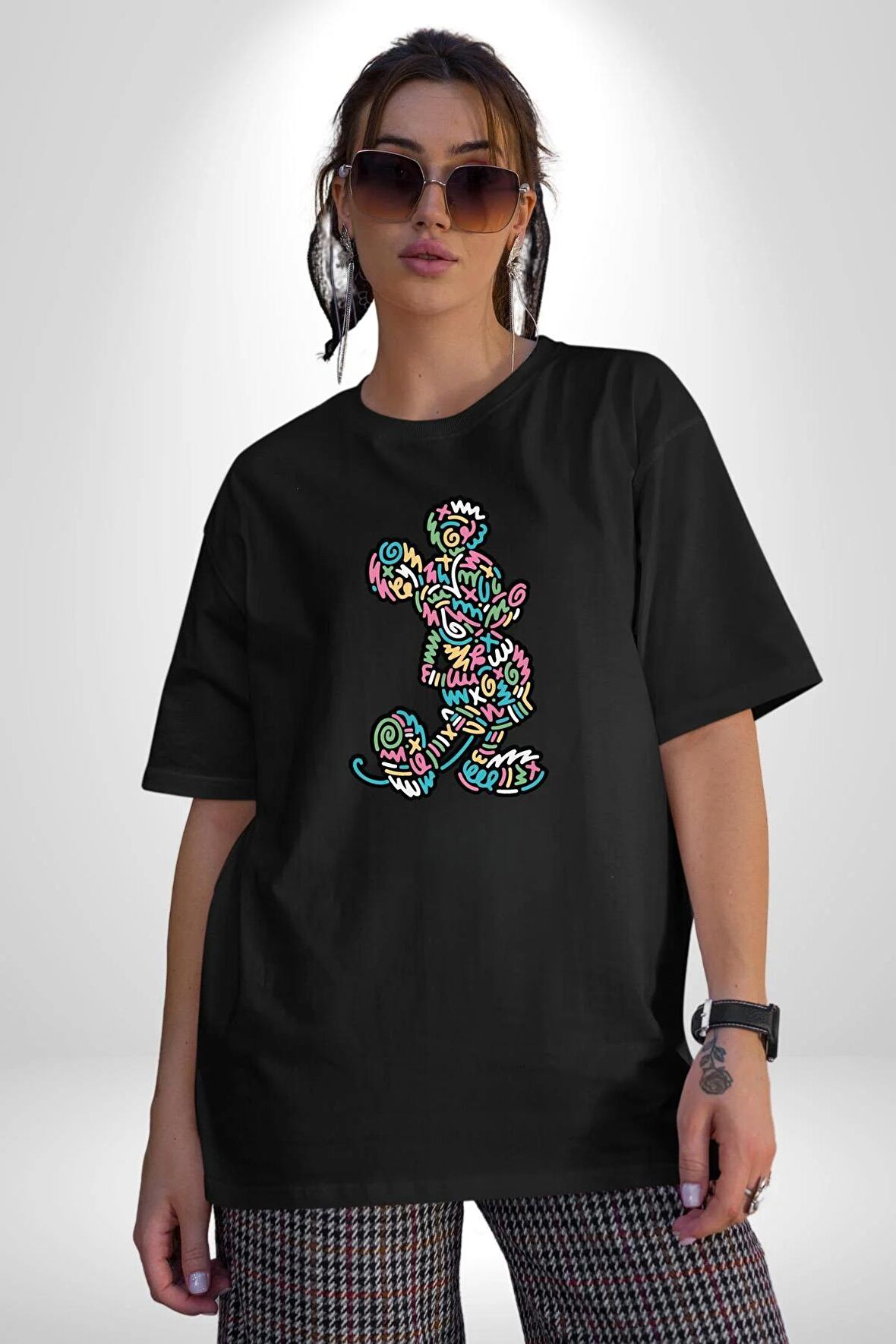 Mickey Yeni Nesil Tasarım Pamuklu Bisiklet Yaka Kadın Erkek Oversize Boyfriend Dijital Baskılı Siyah T-shirt