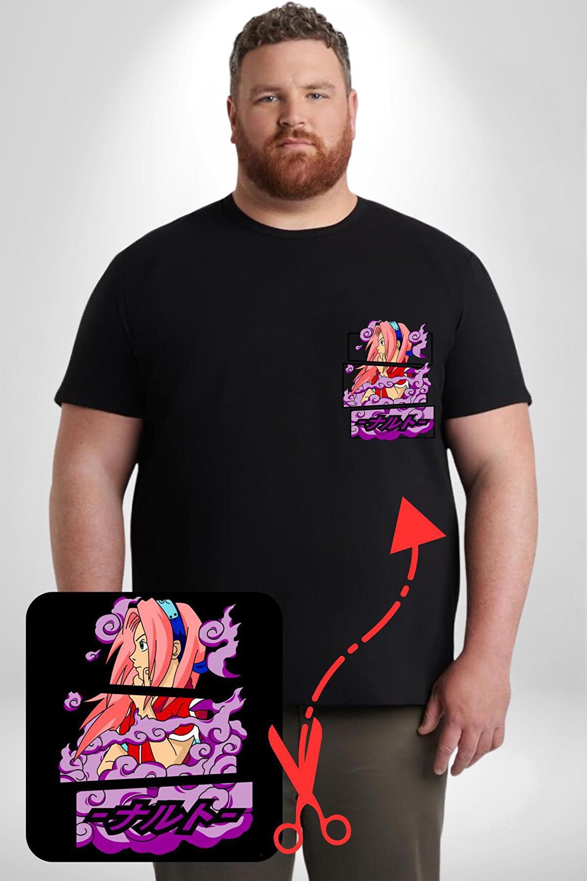 Sakura Haruno Anime Siyah Büyük Beden Kadın Basic Minimal Baskılı Tişört