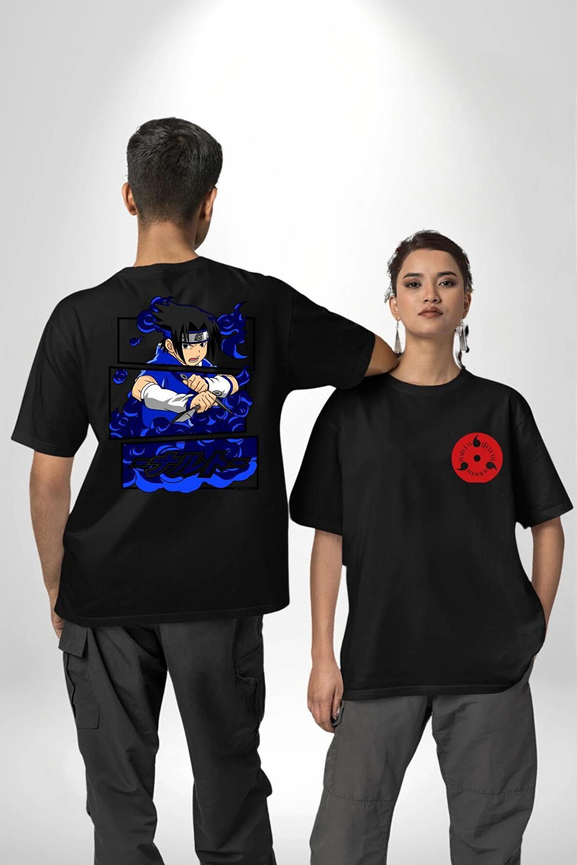 Sasuke Uchiha Anime Siyah Oversize Kadın Erkek Ön ve Sırt Baskılı Tişört