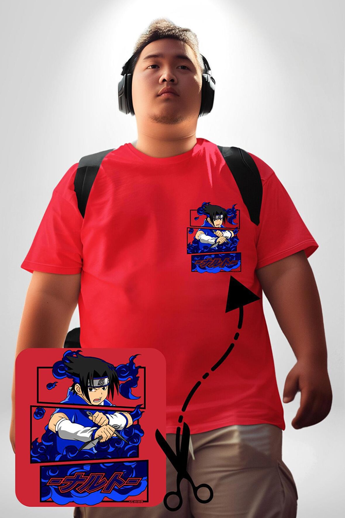 Sasuke Uchiha Anime Kırmızı Büyük Beden Kadın Basic Minimal Baskılı Tişört