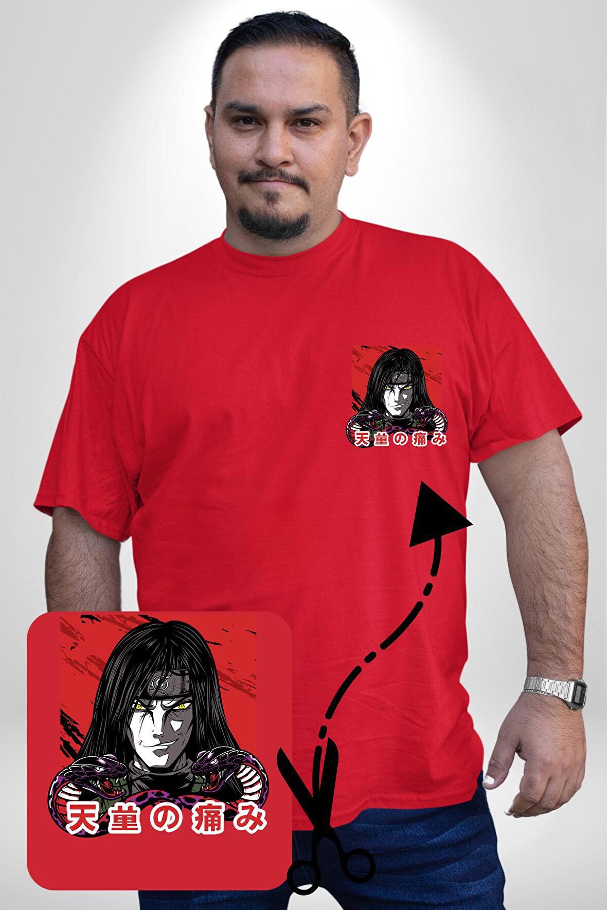 Orochimaru Anime Kırmızı Büyük Beden Kadın Basic Minimal Baskılı Tişört