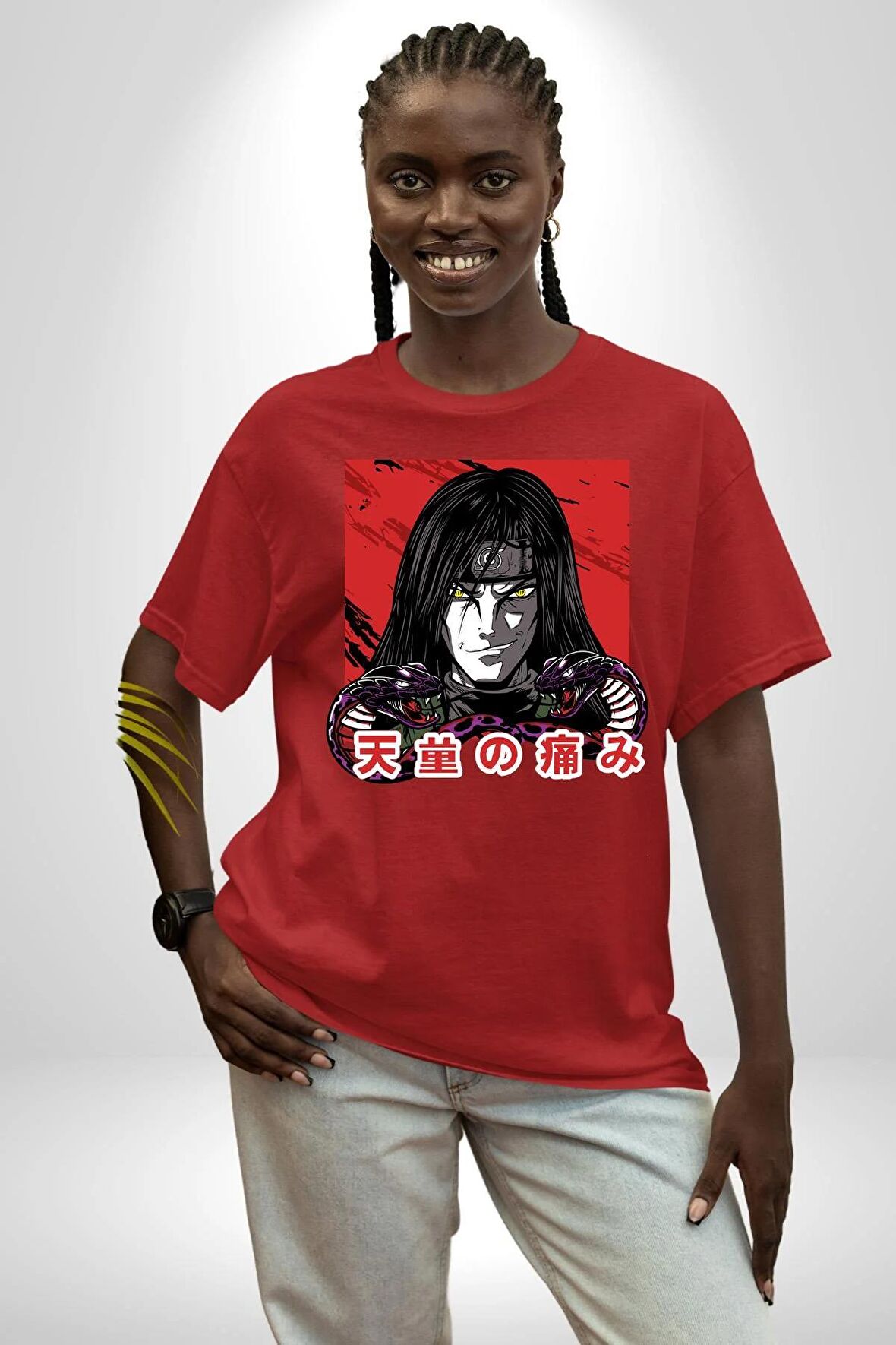 Orochimaru Anime Pamuklu Bisiklet Yaka Kadın Erkek Oversize Boyfriend Dijital Baskılı Kırmızı T-shirt