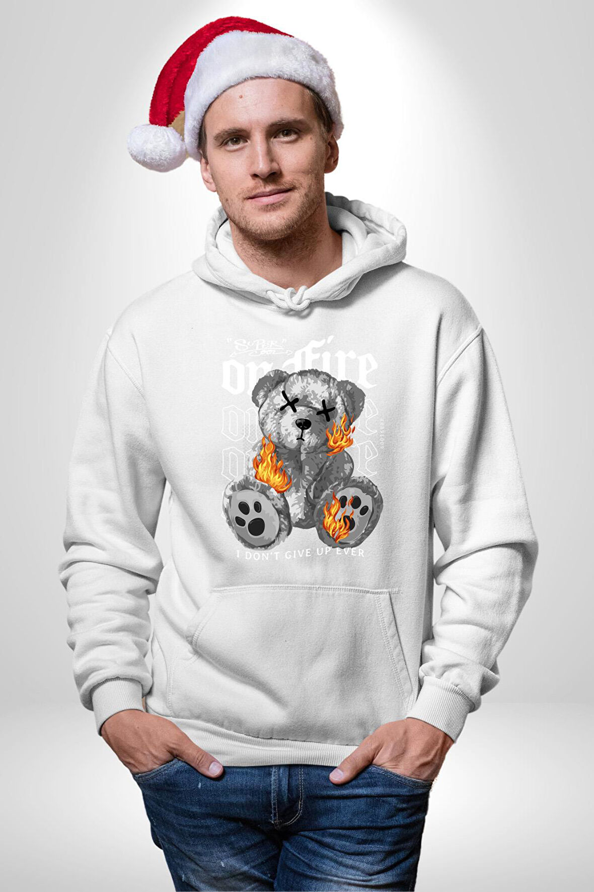 Ateşli Teddy Kadın Erkek  Beyaz Kapüşonlu Sweatshirt Hoodie