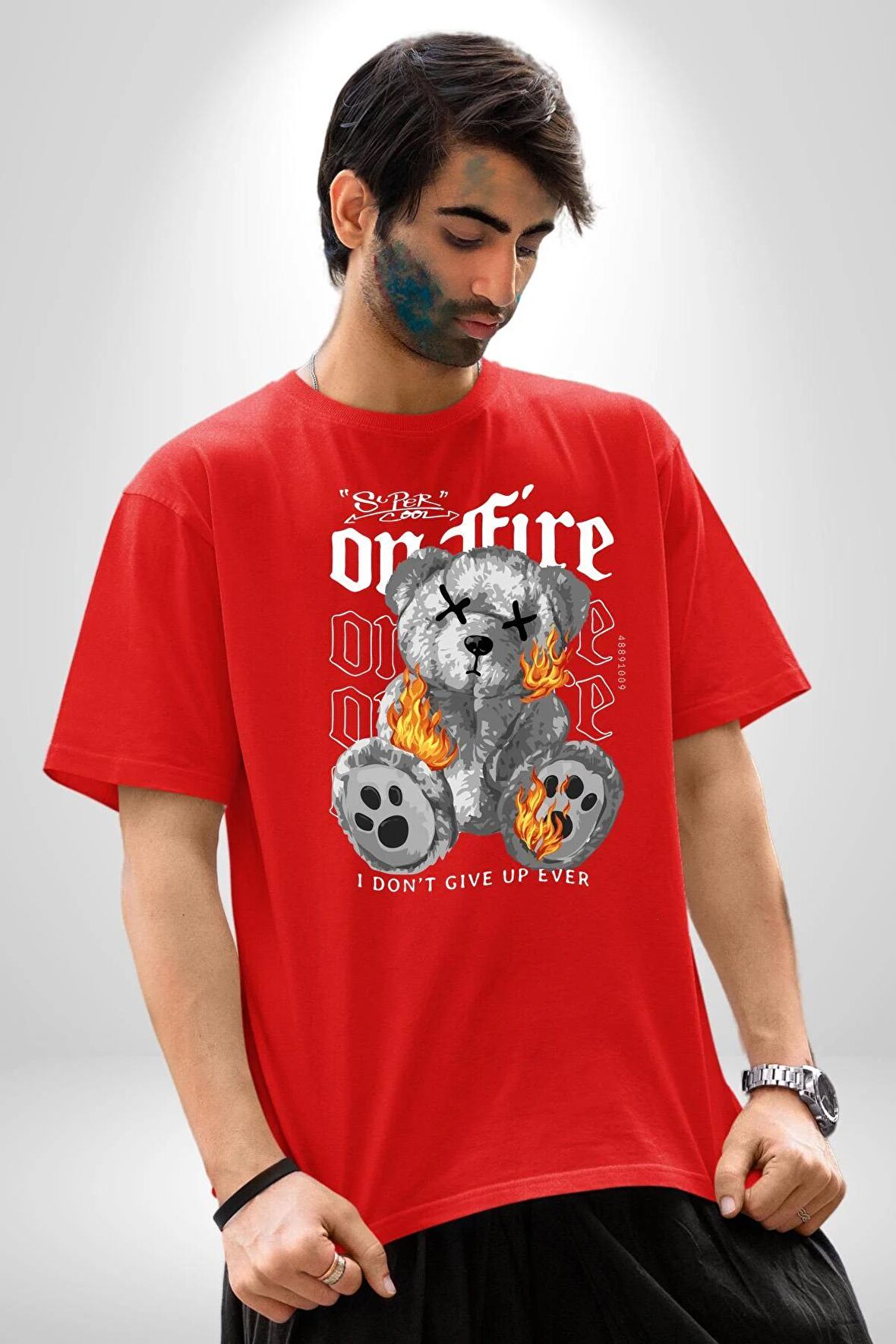Ateşli Teddy Pamuklu Bisiklet Yaka Kadın Erkek Oversize Boyfriend Dijital Baskılı Kırmızı T-shirt