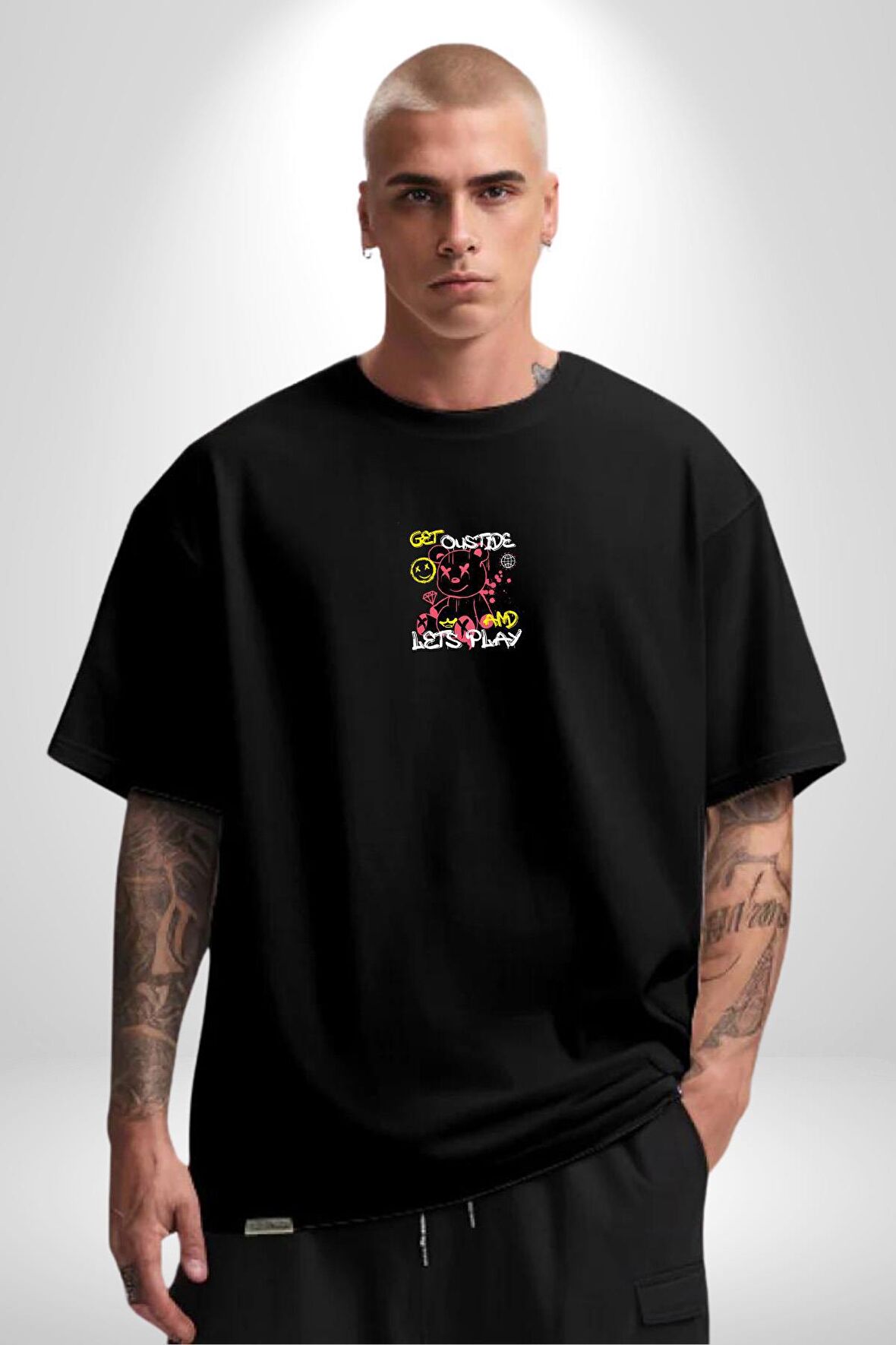 Dışarı Çık Ve Oynayalım Teddy Siyah Oversize Kadın Erkek Ön Orta Minimal Baskılı Tişört