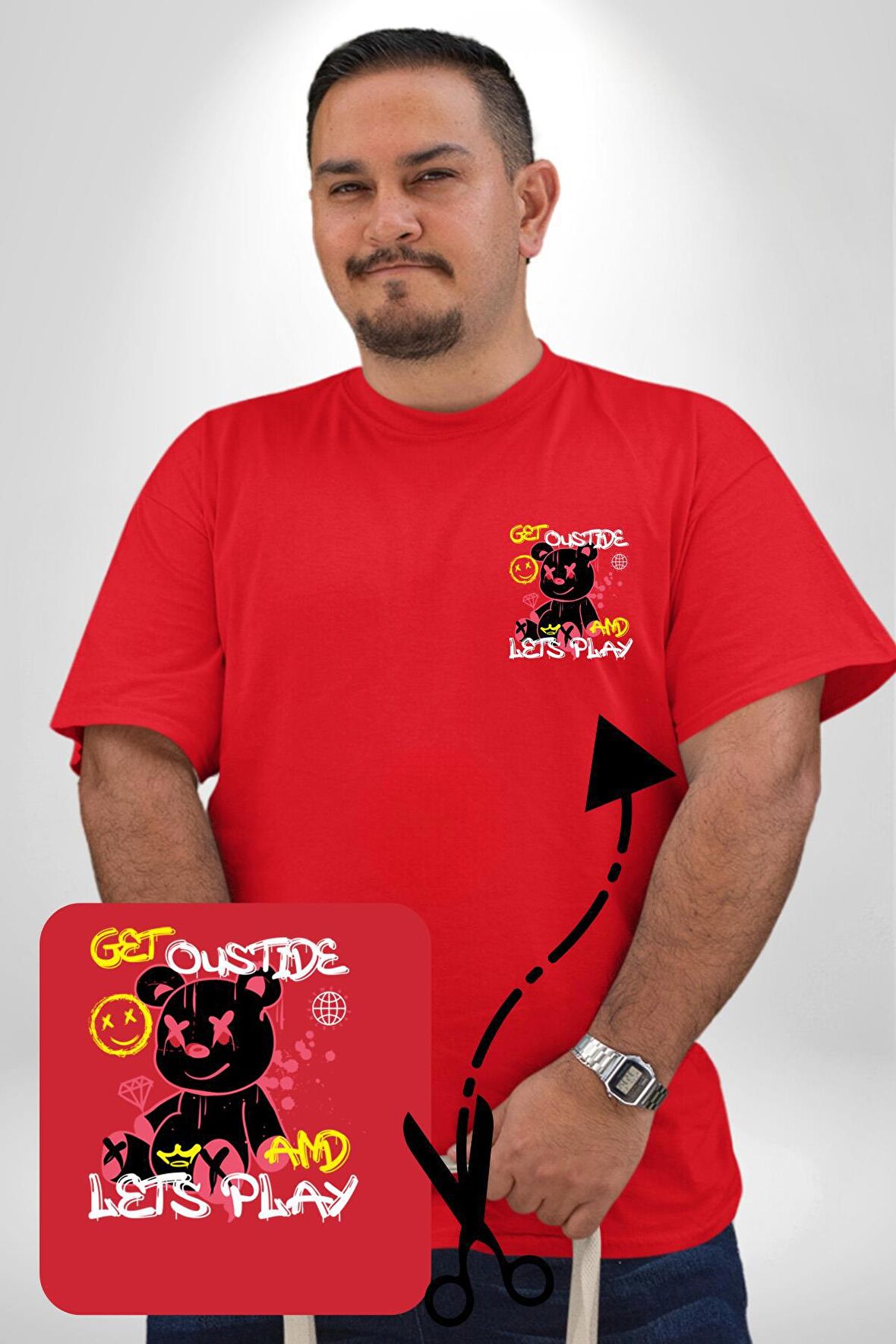 Dışarı Çık Ve Oynayalım Teddy Kırmızı Büyük Beden Kadın Basic Minimal Baskılı Tişört
