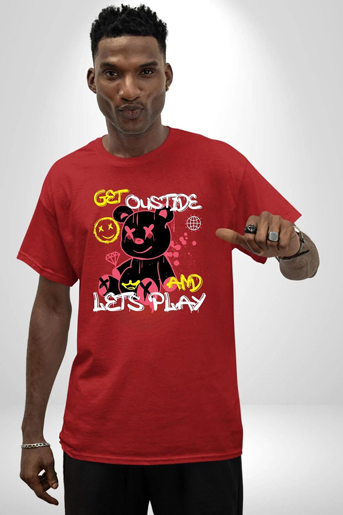Dışarı Çık Ve Oynayalım Teddy Pamuklu Bisiklet Yaka Kadın Erkek Oversize Boyfriend Dijital Baskılı Kırmızı T-shirt