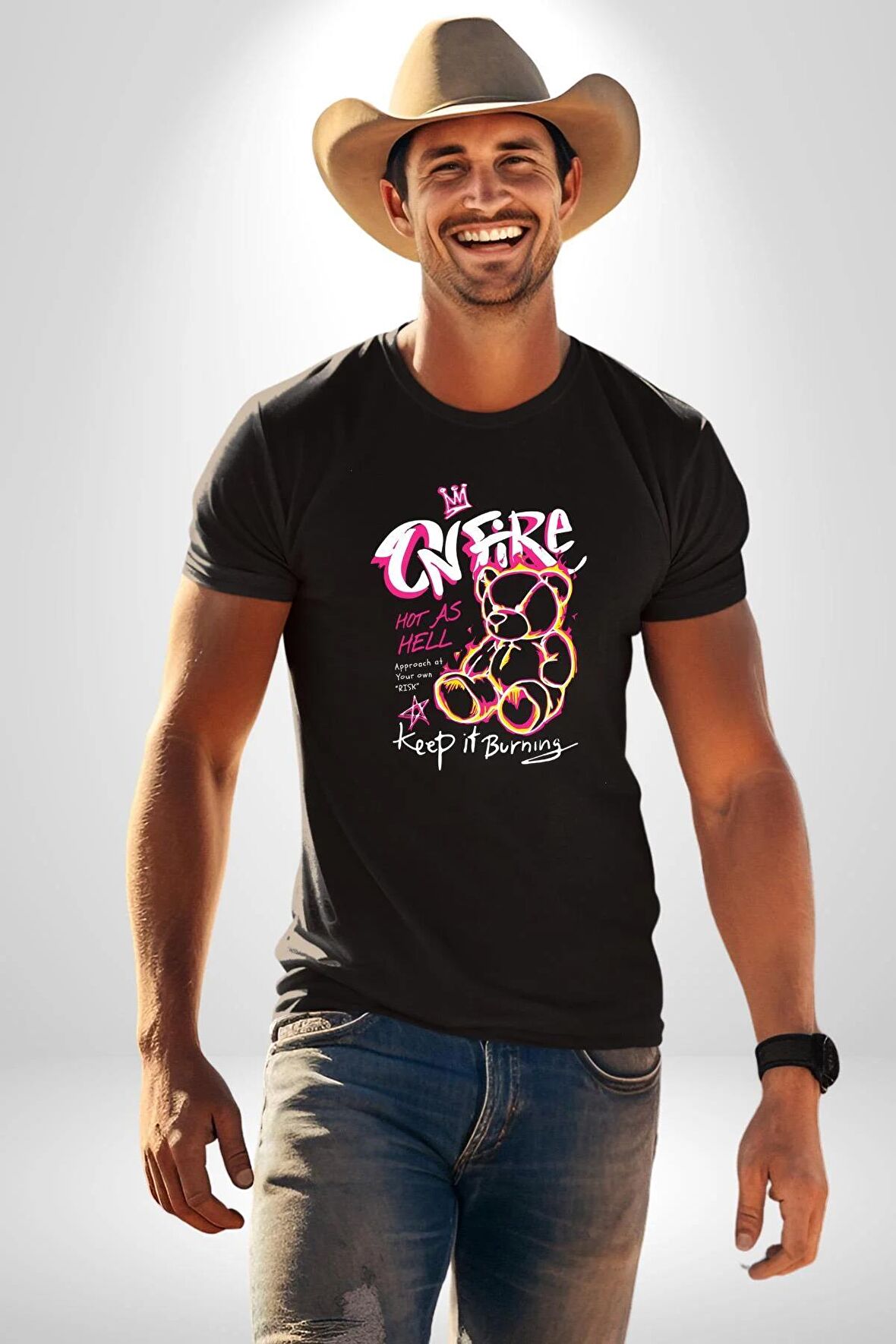 Yanmaya Devam Edecek Kadar Sıcak Kadın Erkek Unisex Siyah Organik Baskılı T-Shirt Penye Yüksek Kalite