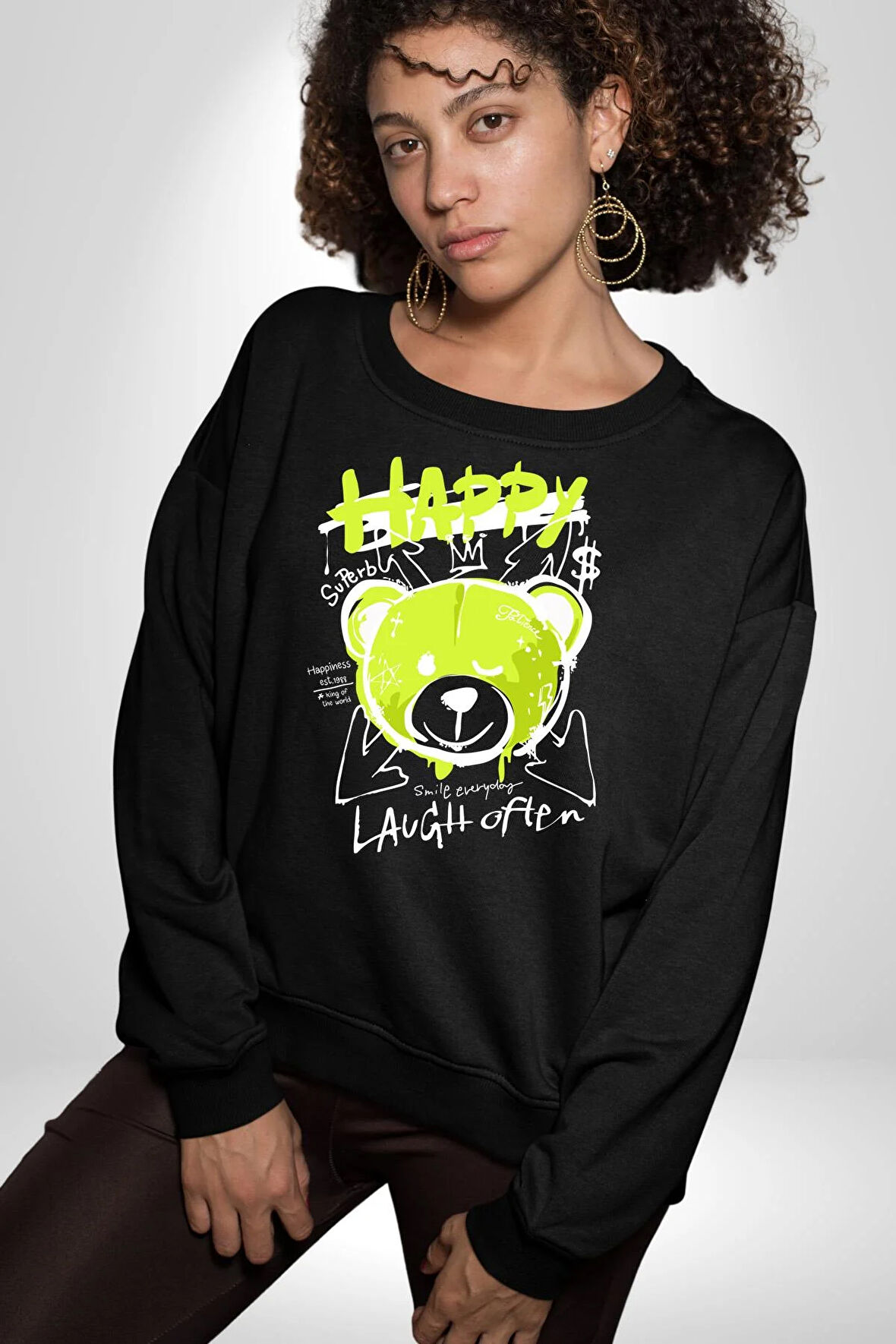 Sık Sık Mutlu Gülmek Teddy Bear Kadın Erkek Siyah Sweatshirt 
