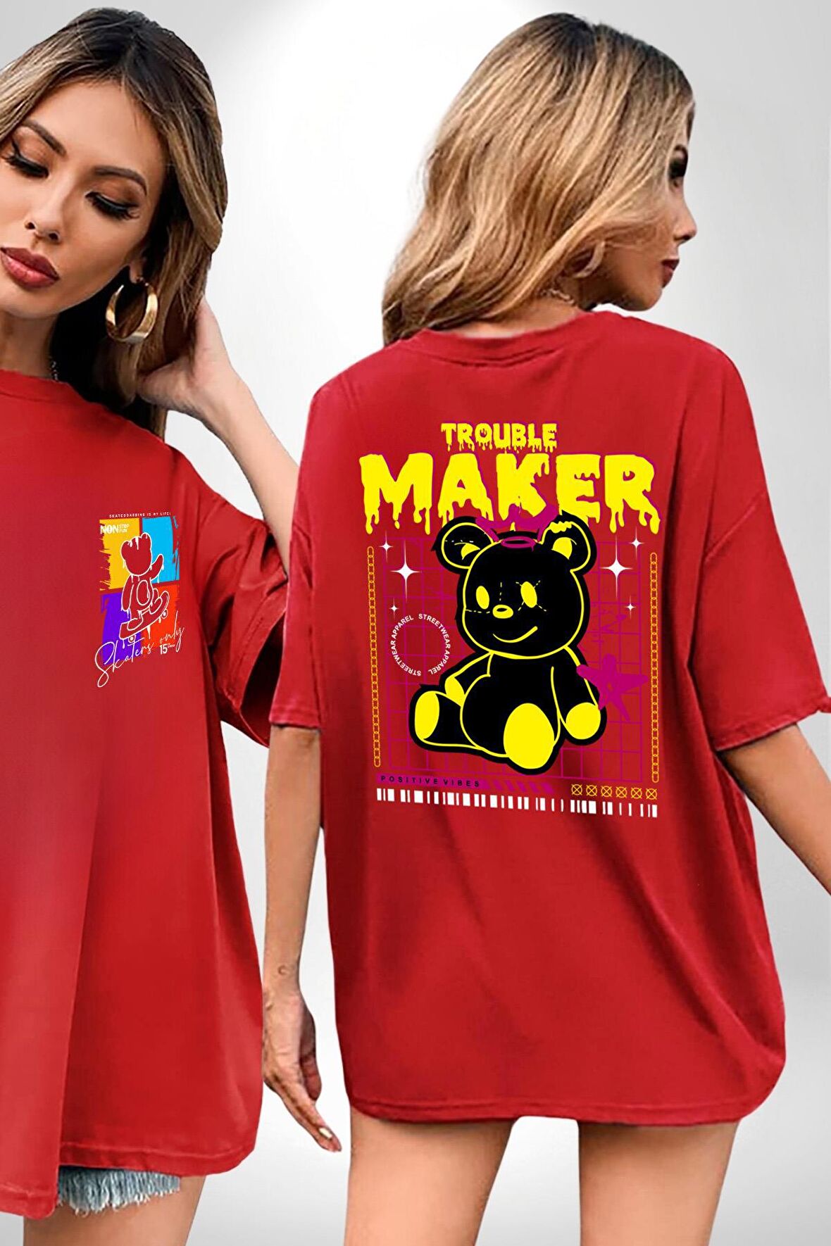 Baş Belası Teddy Kırmızı Oversize Kadın Erkek Ön ve Sırt Baskılı Tişört