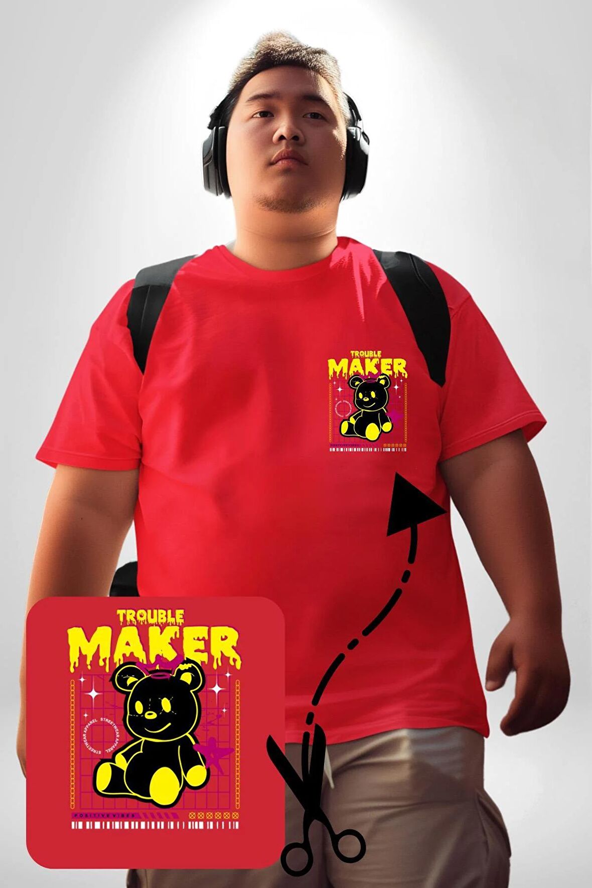 Baş Belası Teddy Kırmızı Büyük Beden Kadın Basic Minimal Baskılı Tişört