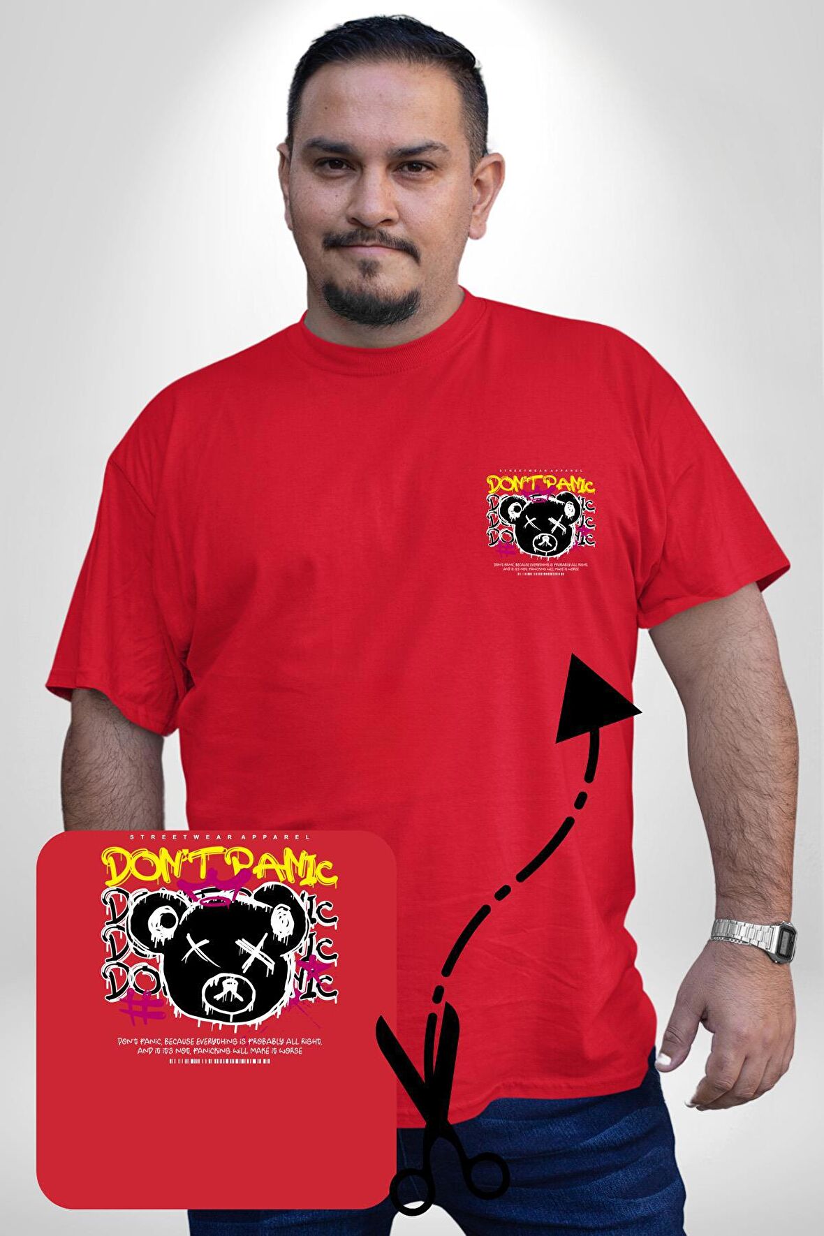 Panik Yok Teddy Kırmızı Büyük Beden Kadın Basic Minimal Baskılı Tişört