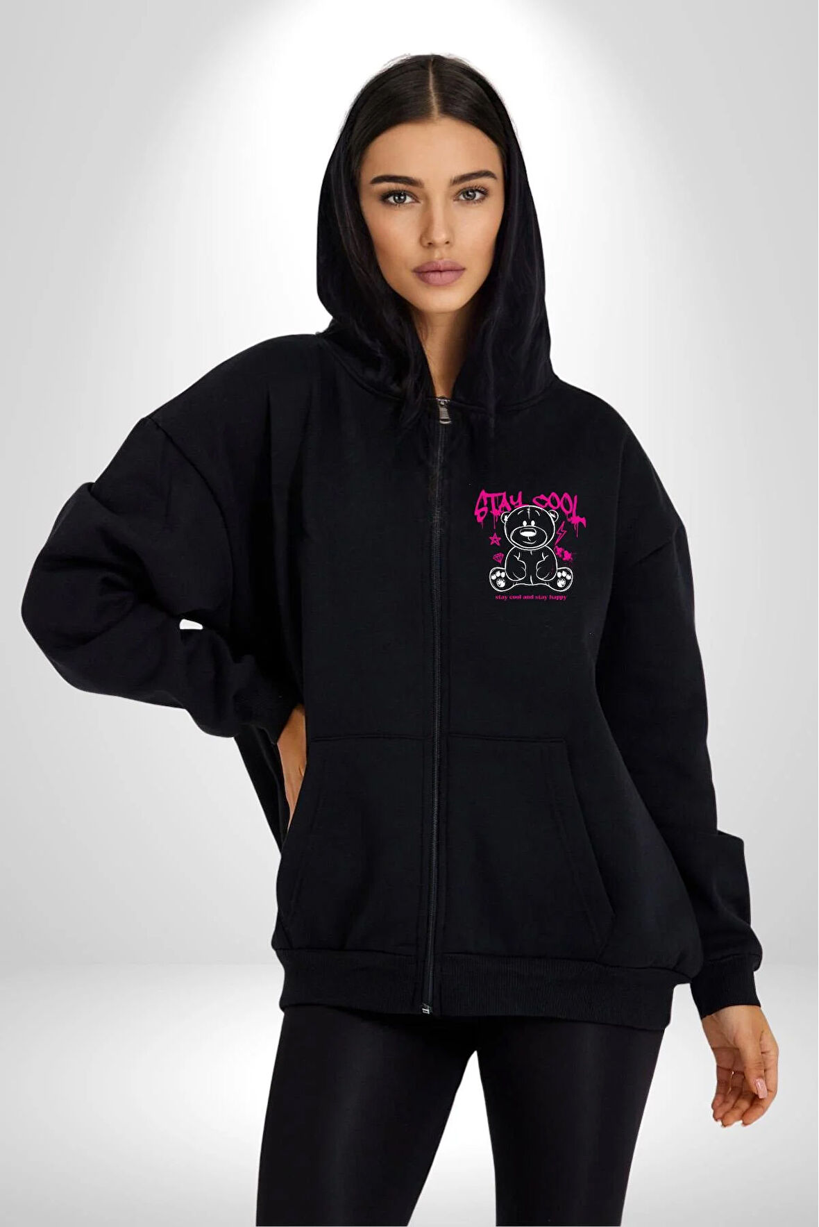 Serin Ve Mutlu Kal Kadın Erkek Siyah Kapüşonlu Fermuarlı Baskılı Hırka Sweatshirt