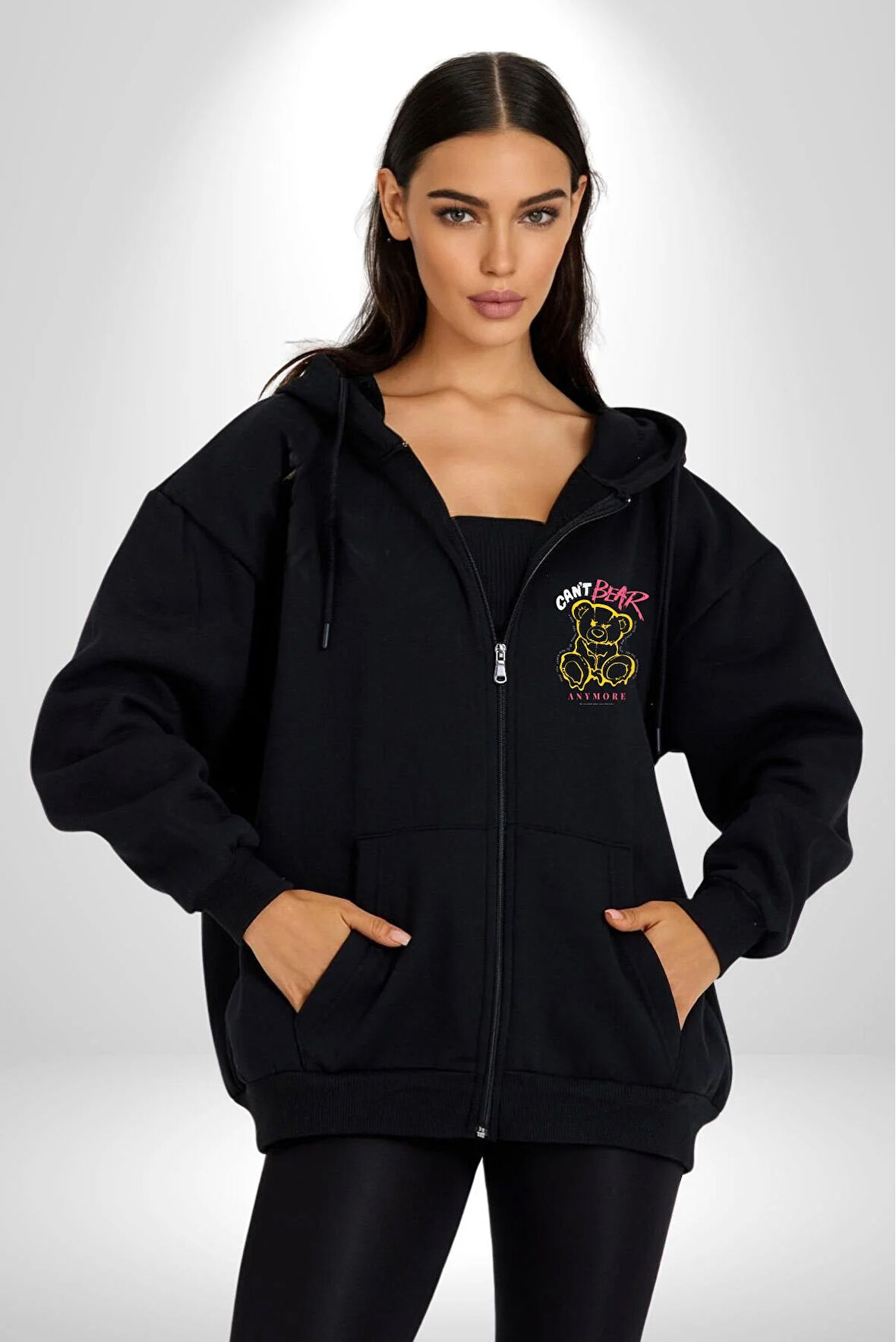 Artık Katlan Kadın Erkek Siyah Kapüşonlu Fermuarlı Baskılı Hırka Sweatshirt