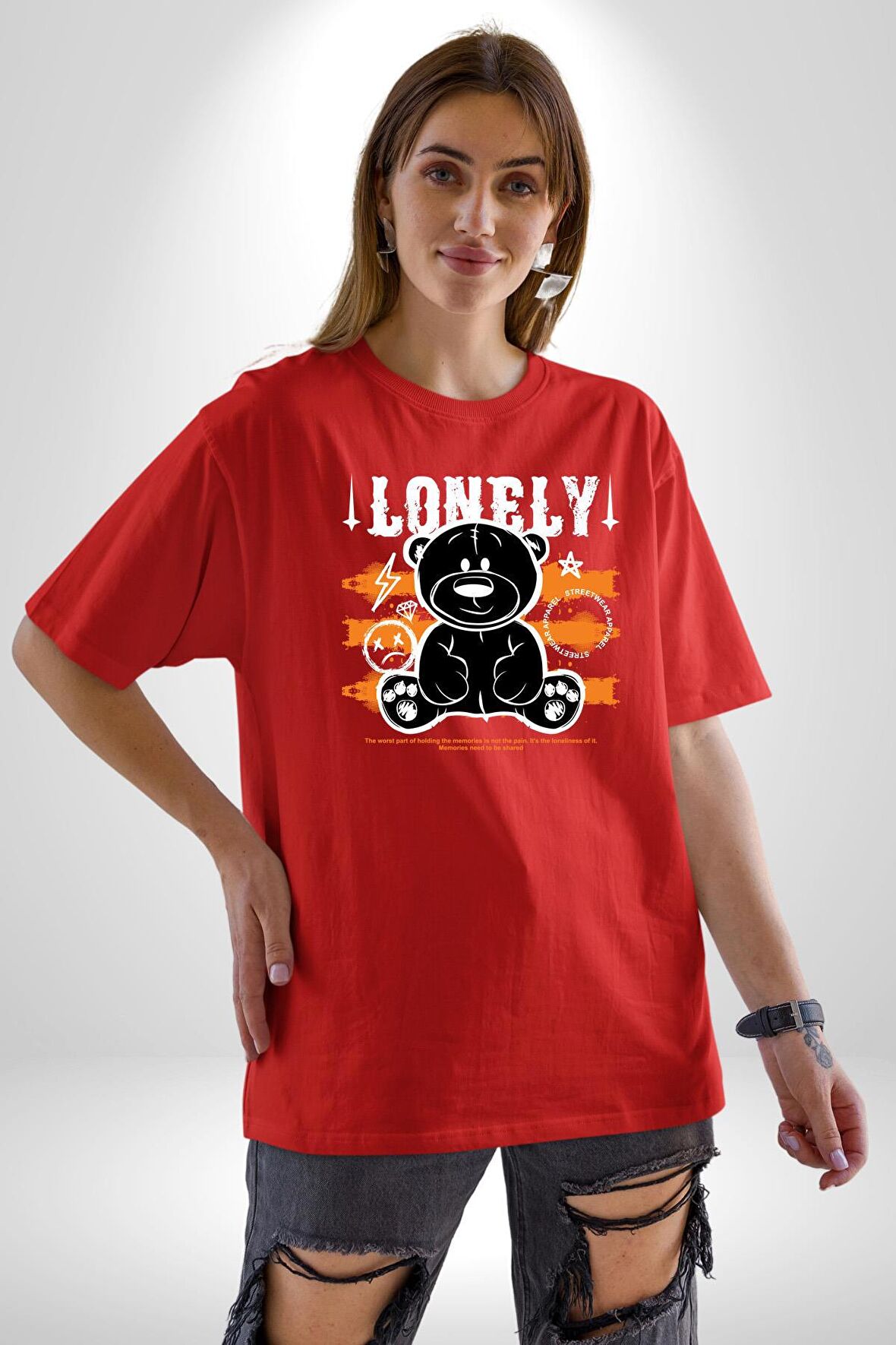 Yalnız Pamuklu Bisiklet Yaka Kadın Erkek Oversize Boyfriend Dijital Baskılı Kırmızı T-shirt