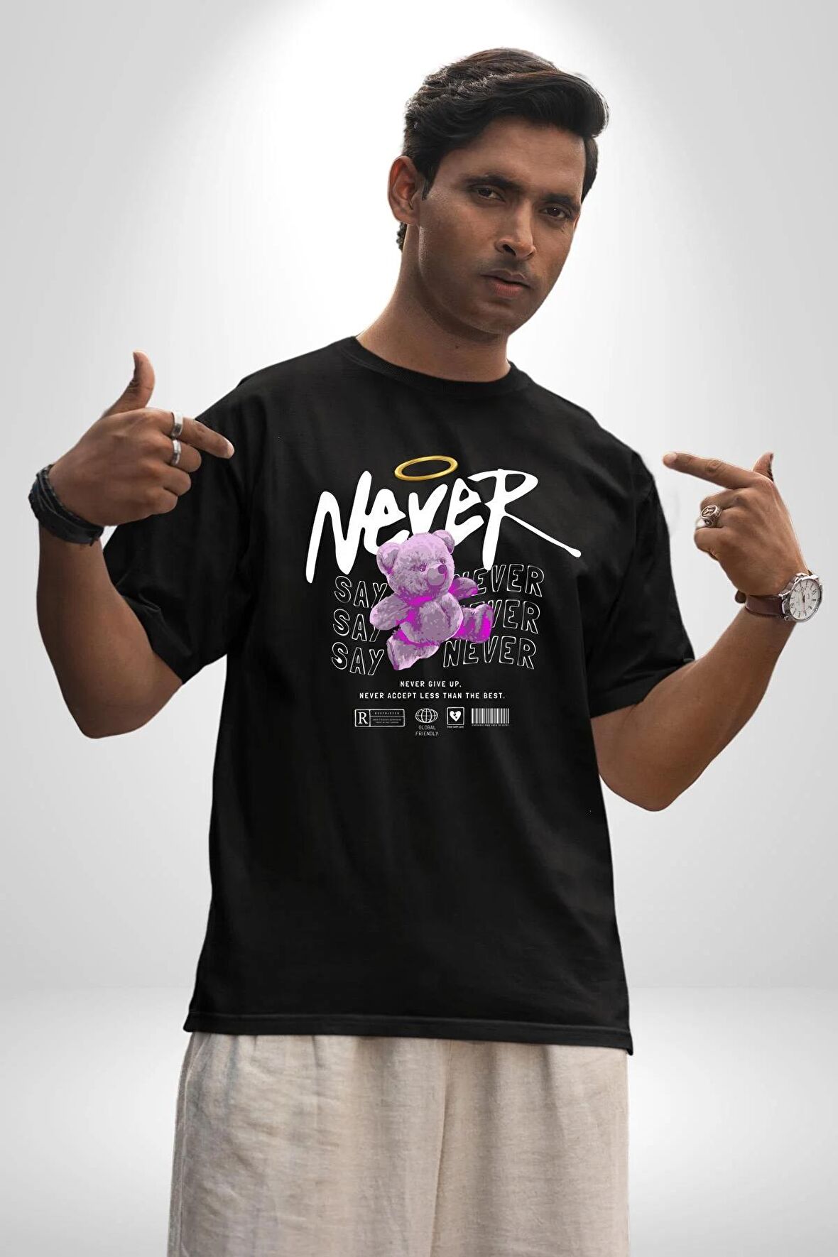 Asla Asla Deme Pamuklu Bisiklet Yaka Kadın Erkek Oversize Boyfriend Dijital Baskılı Siyah T-shirt