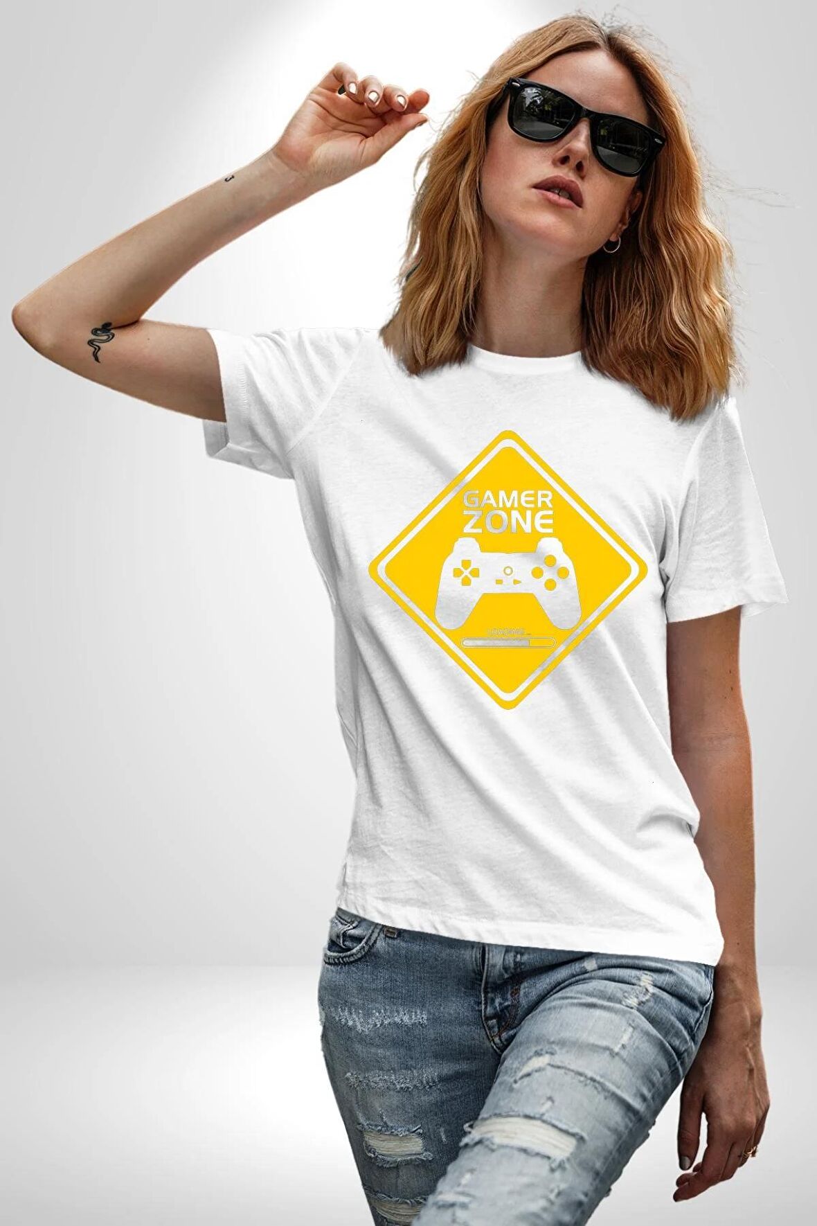 Game Oyun Alanı Kadın Erkek Unisex Beyaz Organik Baskılı T-Shirt Penye Yüksek Kalite