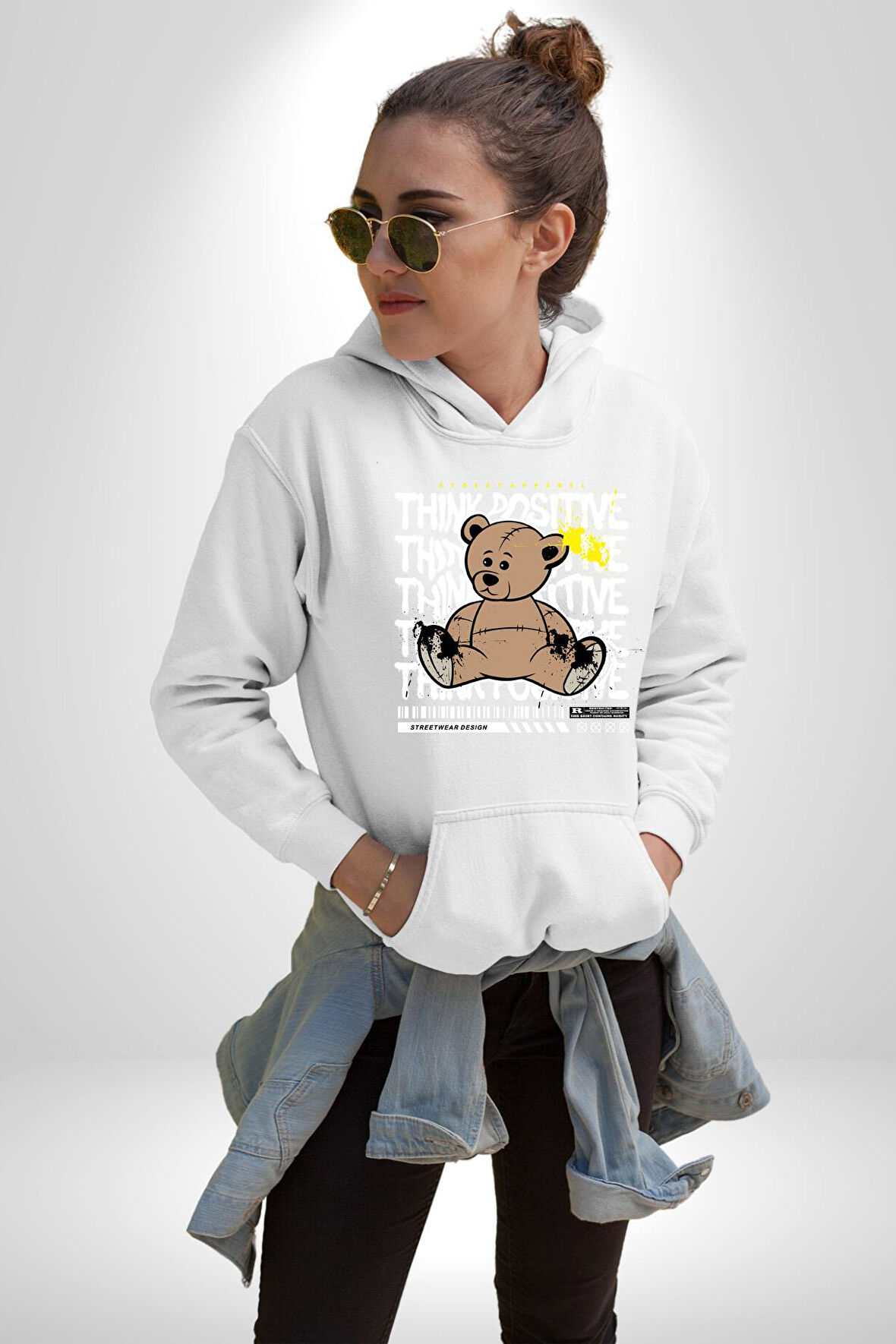 Positive Düşünce  Kadın Erkek  Beyaz Kapüşonlu Sweatshirt Hoodie