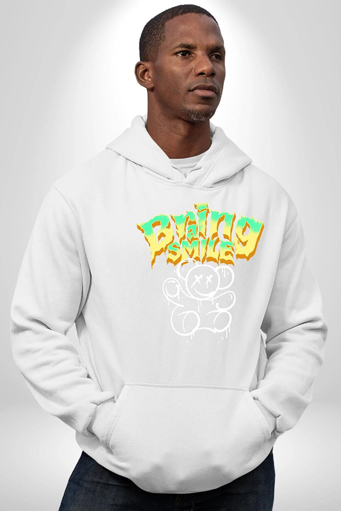 Beyin Gülüşü Kadın Erkek  Beyaz Kapüşonlu Sweatshirt Hoodie